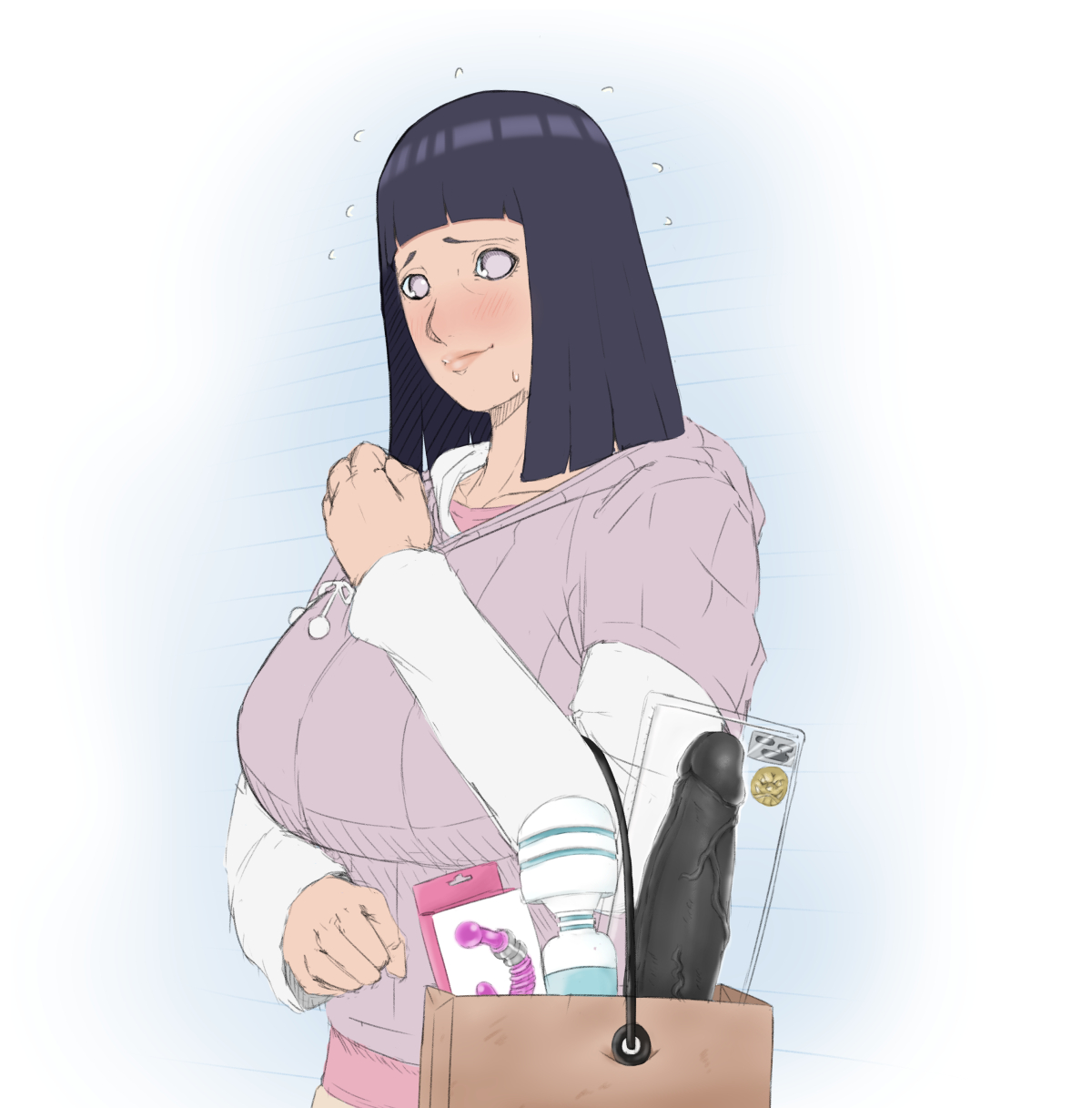 1girls, anal beads, artist request, big breasts, black dildo, blue hair, blush, boobs, boruto: naruto next generations, breasts, caught, clothing, dildo, embarrassed, female, female only, fully clothed, hyuuga hinata, large breasts, lube, milf, naruto, naruto (series), naruto shippuden, oppai, purple eyes, sex toy, shopping, shopping bag, short hair, solo, solo focus, sweatdrop, uzumaki hinata, vibrator, zetomeso