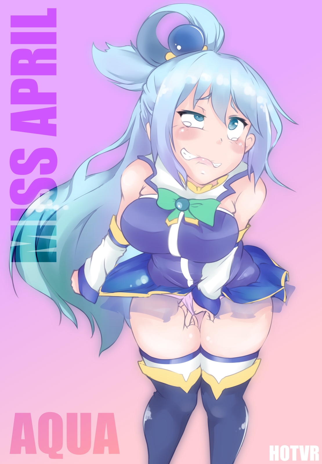 aqua (konosuba), blue eyes, blue hair, blush, boots, breasts, clothing, female, female masturbation, female only, high heel boots, high resolution, hotvr, kono subarashii sekai ni shukufuku wo!, long hair, masturbation, pantsu, pink panties, rolling eyes, skirt, solo, thighhighs, underwear