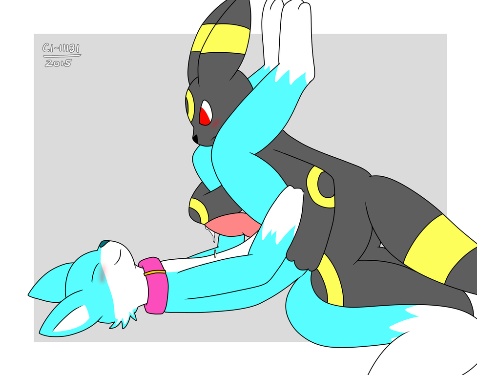 2015 2boys black_nose blush c1-11131 canine closed_eyes collar cyan_fox_cody cyan_nose eeveelution fox furry gay grey_background interspecies knot male male_only mammal nintendo original_character penis pink_collar pokémon_(species) pokemon pokemon_gsc precum red_eyes simple_background text umbreon video_games watermark yaoi