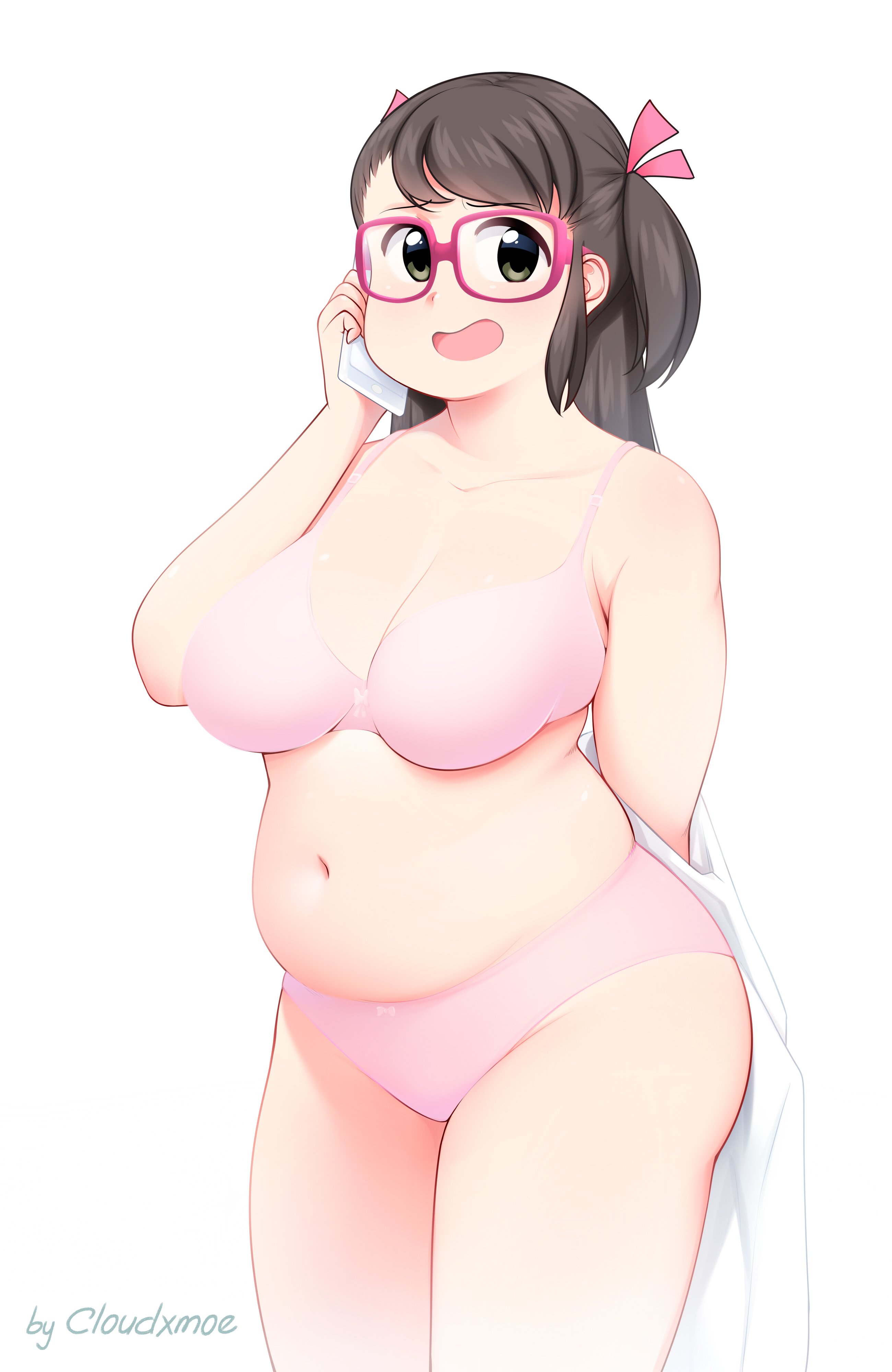 1girls, ass, belly, big ass, big breasts, bra, breasts, brown hair, cellphone, chubby, chubby belly, chubby female, cleavage, cloudxmoe, female, female only, glasses, human, long hair, open mouth, panties, slightly chubby, smile, standing, text, thick thighs, underwear, watermark, white background, wide hips