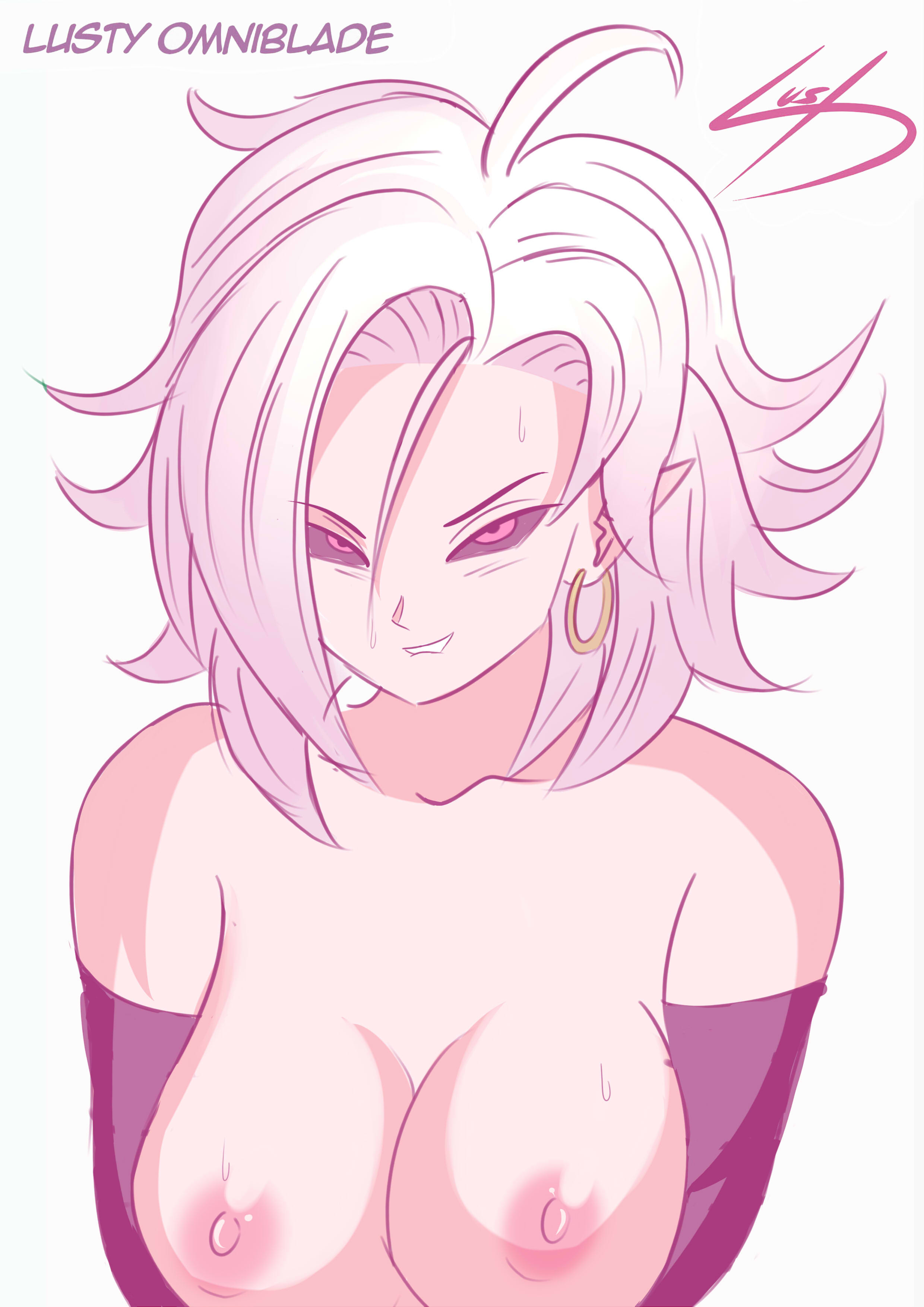 1girls, 2010s, android 21, black sclera, breasts, curvy, dark persona, dragon ball, dragon ball fighterz, dragon ball z, earrings, exposed breasts, female, humanoid, large breasts, long hair, majin, majin android 21, nipples, pink skin, pointy ears, red eyes, silver hair, smile, thelustyomni-blade, white hair