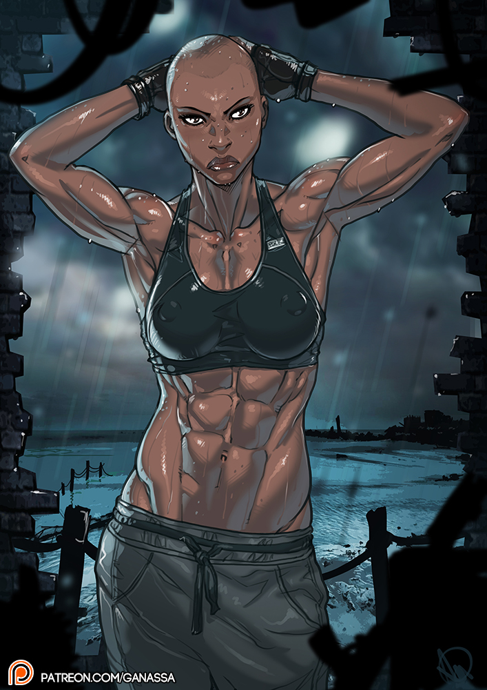 1girls, abs, angry, armpits, arms up, bald, big lips, breasts, brown eyes, clash (rainbow six), clothed, dark skin, dark-skinned female, female, female only, fingerless gloves, ganassa, gloves, hands behind head, human, medium breasts, midriff, muscular, muscular female, nipple bulge, outdoors, pants, police, rainbow six, rainbow six siege, raining, shaved head, solo, sports bra, stare, stomach, tom clancy, upset, waist