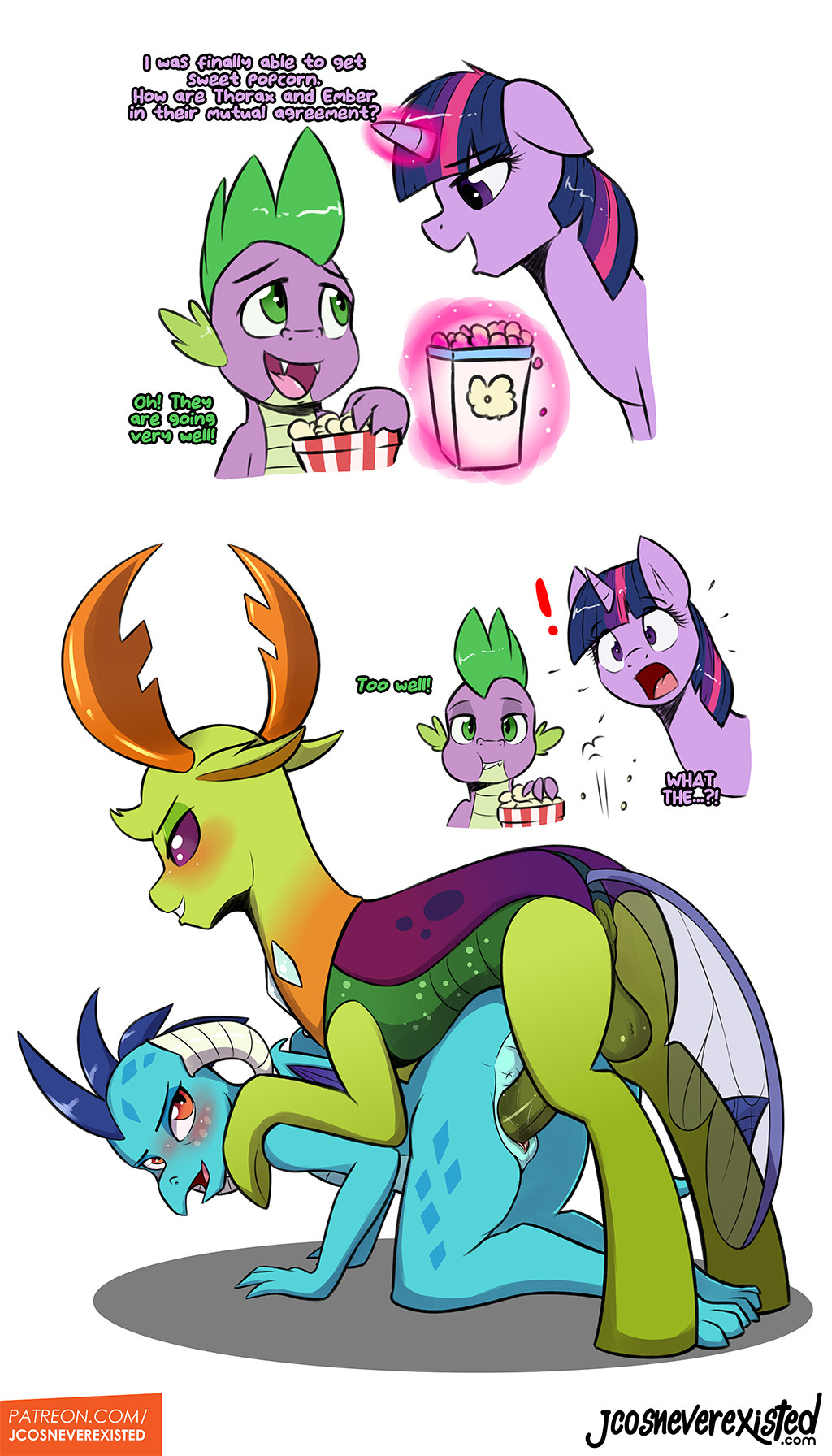 ! 2018 all_fours anus being_watched changeling comic dialogue dragon english_text equine female feral food friendship_is_magic hi_res horn jcosneverexisted king_thorax_(mlp) looking_back male mammal my_little_pony penetration popcorn princess_ember_(mlp) sex spike_(mlp) straight text thorax_(mlp) twilight_sparkle_(mlp) unicorn vaginal_penetration