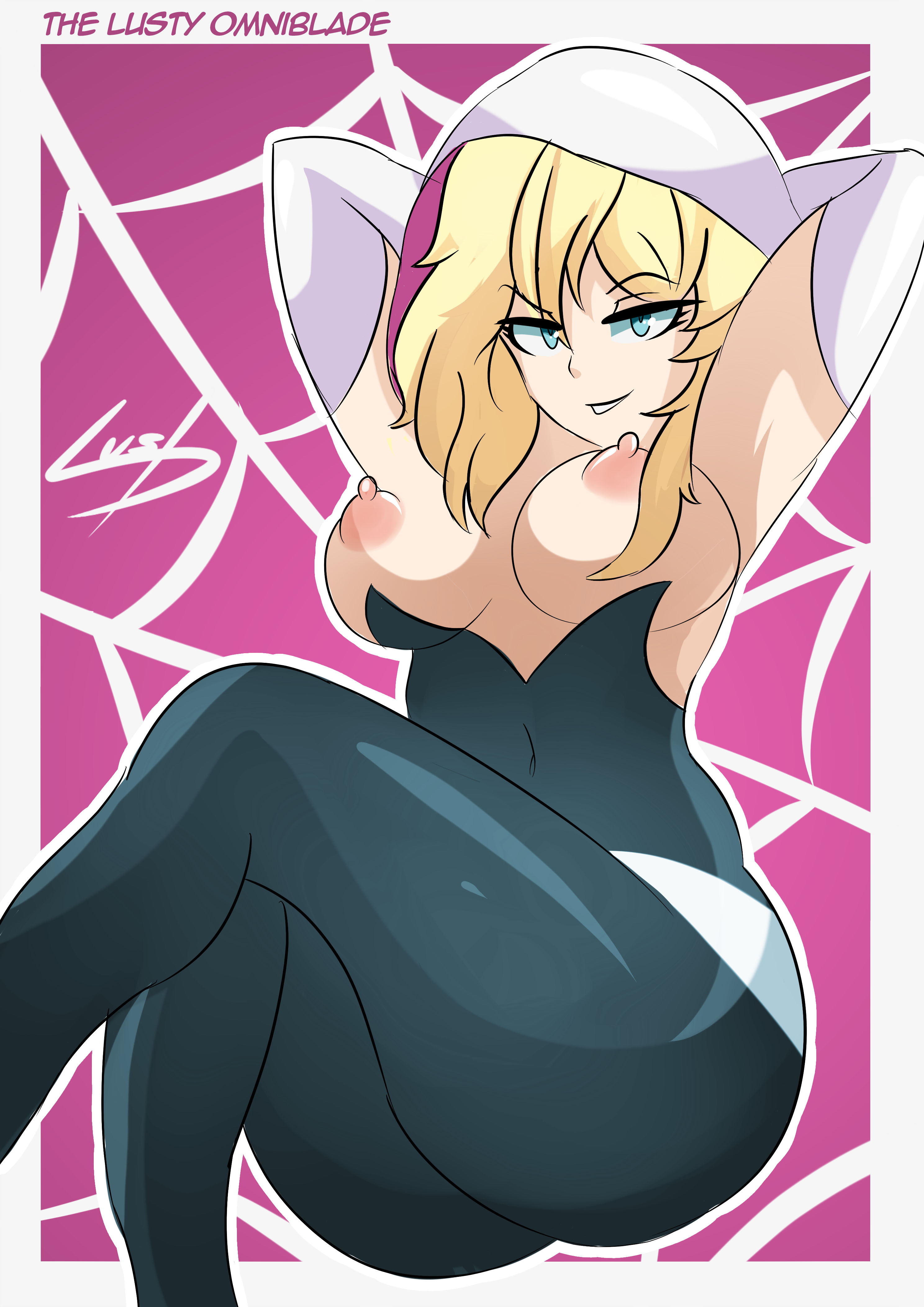 1girls, arms behind head, blonde hair, blue eyes, breasts, crossed legs, elbow gloves, female, gwen stacy, hood, marvel, marvel comics, nipples, smirk, spider-gwen, spider-man (series), thelustyomni-blade, webbing