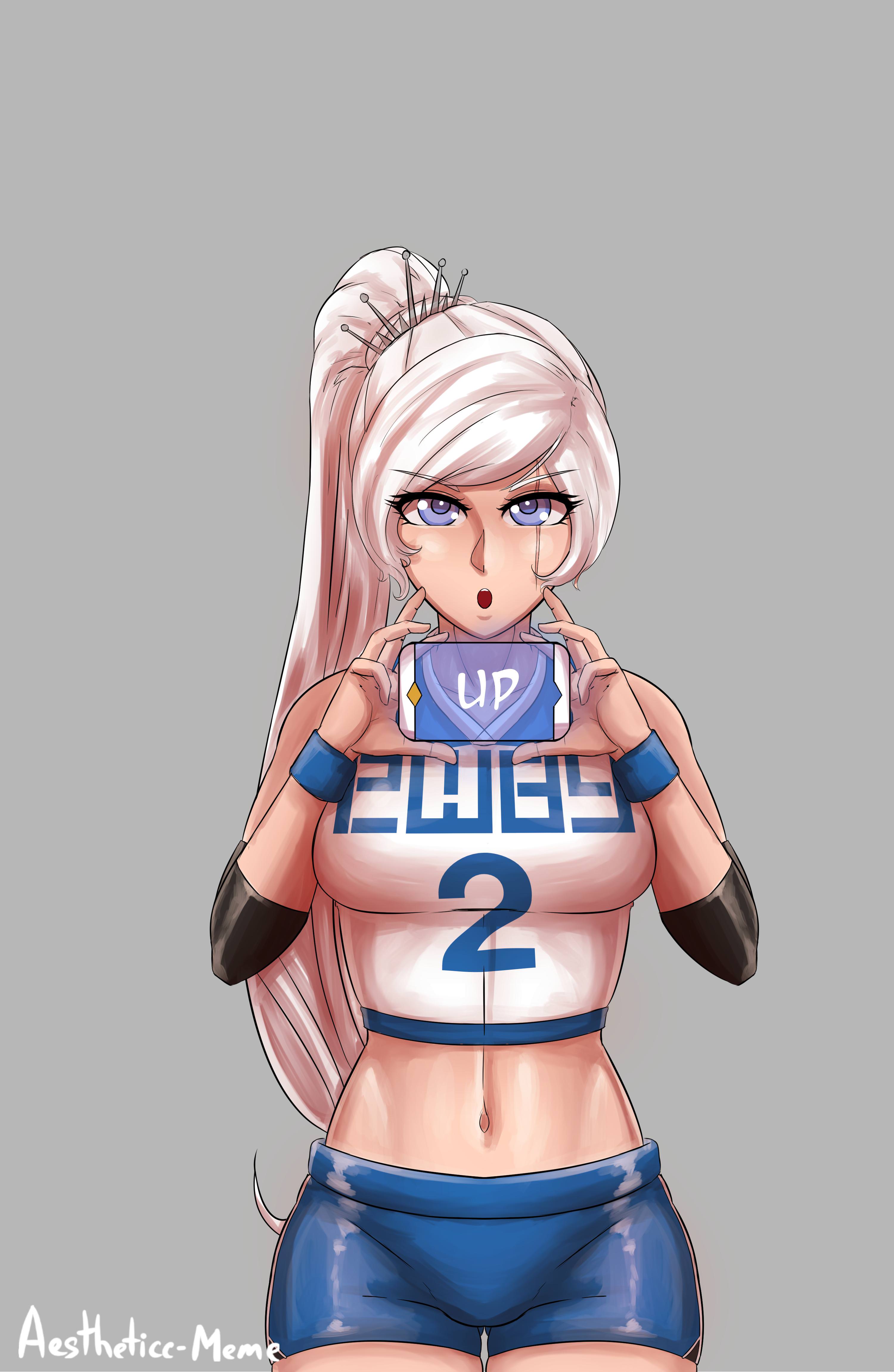 1girls, abs, aestheticc-meme, blue eyes, breasts, clothing, female, female only, gym uniform, looking at viewer, ponytail, presenting, rwby, text, thigh gap, watermark, weiss schnee, white hair