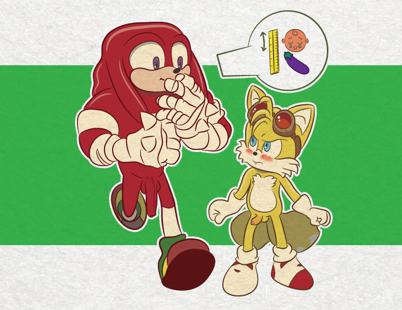 anthro balls big_penis blush canine didi_(artist) echidna flaccid fox knuckles_the_echidna male male_only mammal monotreme penis size_comparison small_penis_humiliation sonic_(series) sonic_boom tails