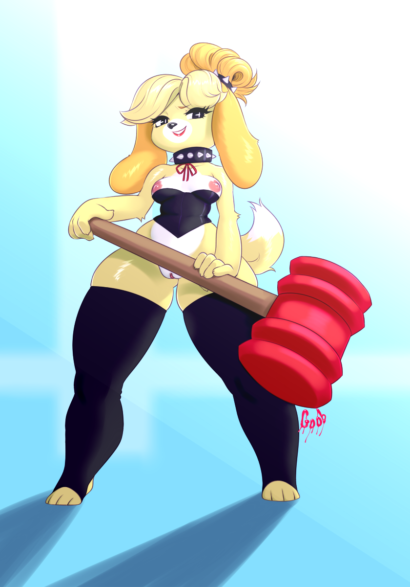 animal_crossing anthro breasts canine clothed clothing collar crobat_(artist) dominatrix female hammer isabelle_(animal_crossing) mammal nintendo nipples piko-piko_hammer piko_piko_hammer pussy solo spiked_collar spikes standing thick_thighs tools video_games wide_hips