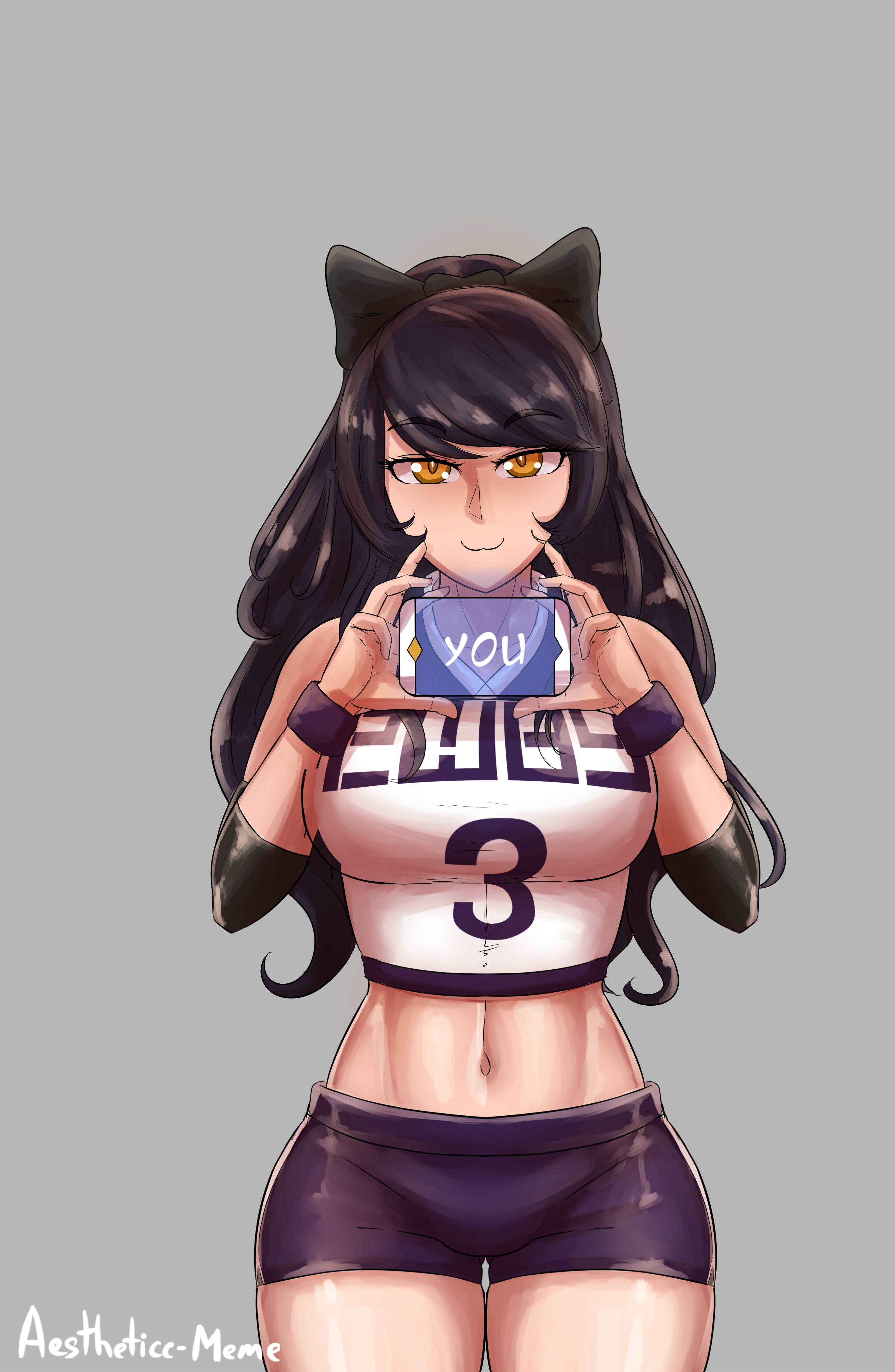 1girls, abs, aestheticc-meme, black hair, blake belladonna, breasts, clothing, female, female only, gym uniform, looking at viewer, presenting, rwby, text, thigh gap, watermark, yellow eyes
