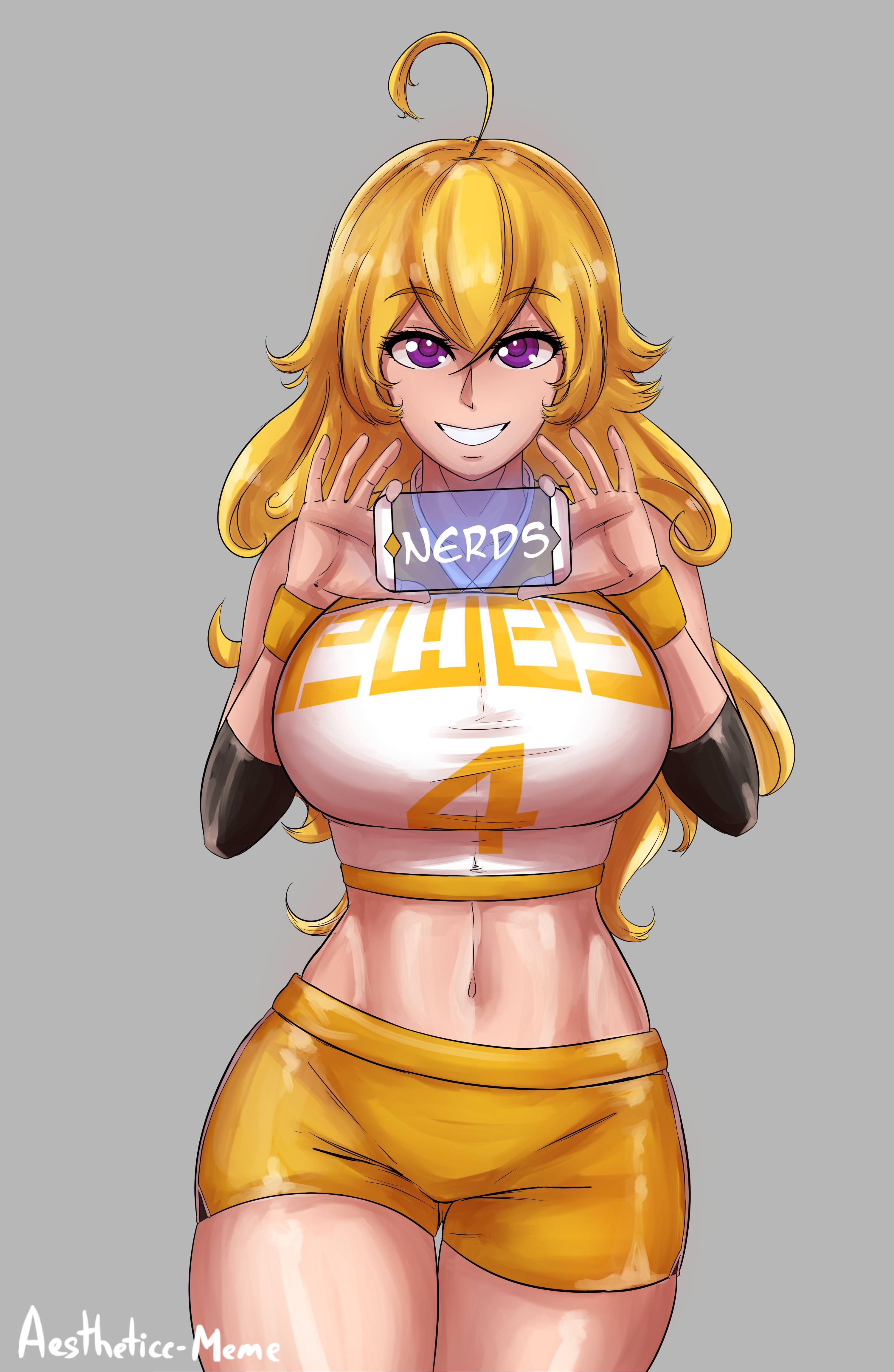 1girls, abs, aestheticc-meme, ahoge, breasts, clothing, female, gym uniform, huge breasts, looking at viewer, presenting, purple eyes, rwby, text, thigh gap, uniform, watermark, wide hips, yang xiao long, yellow hair