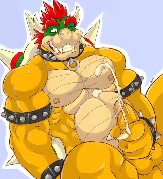 bara bowser cum cum_on_self feral furry huge_cock male male_only mario_(series) masturbation mutant_serpentina nintendo purple_background red_hair reptile simple_background solo spikes white_outline yellow_scales