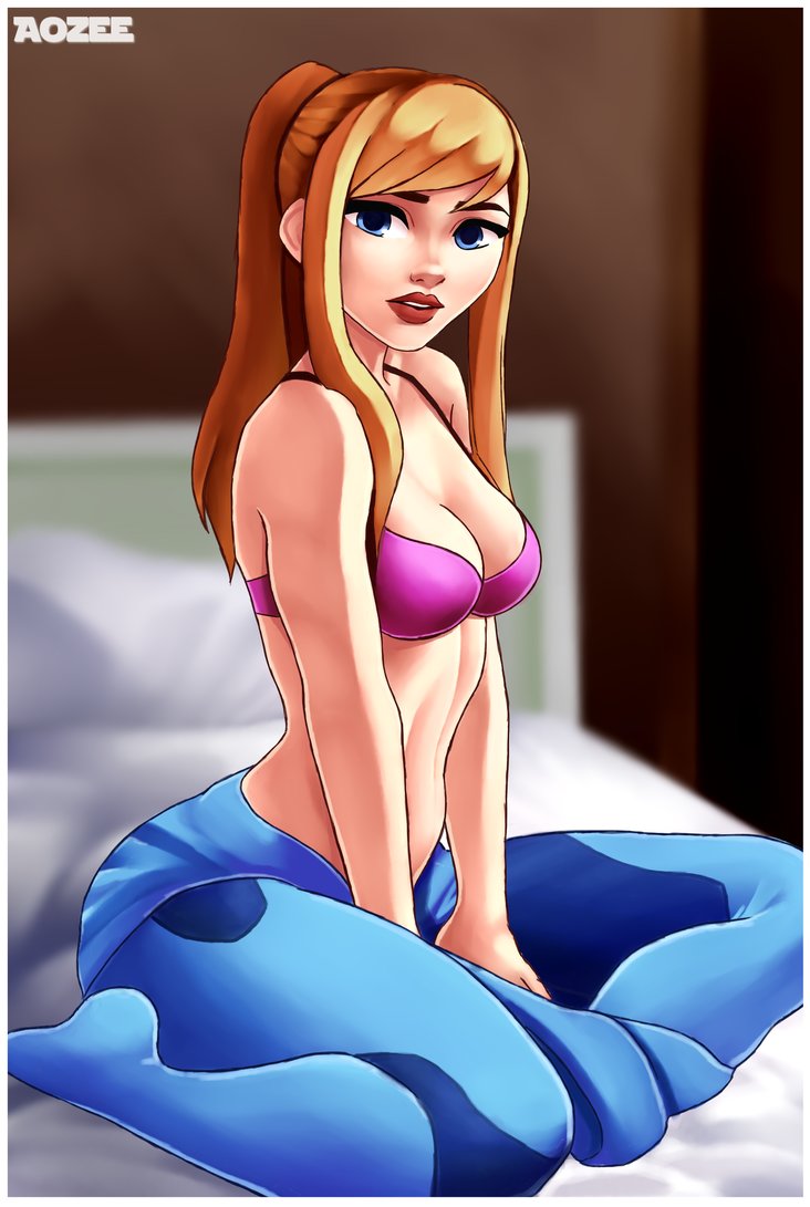 aozee, blonde hair, blue eyes, bodysuit, bra, breasts, clothing, female, kneeling, long hair, metroid, nintendo, partially clothed, partially undressed, pink bra, samus aran, solo, undressed, zero suit, zero suit samus