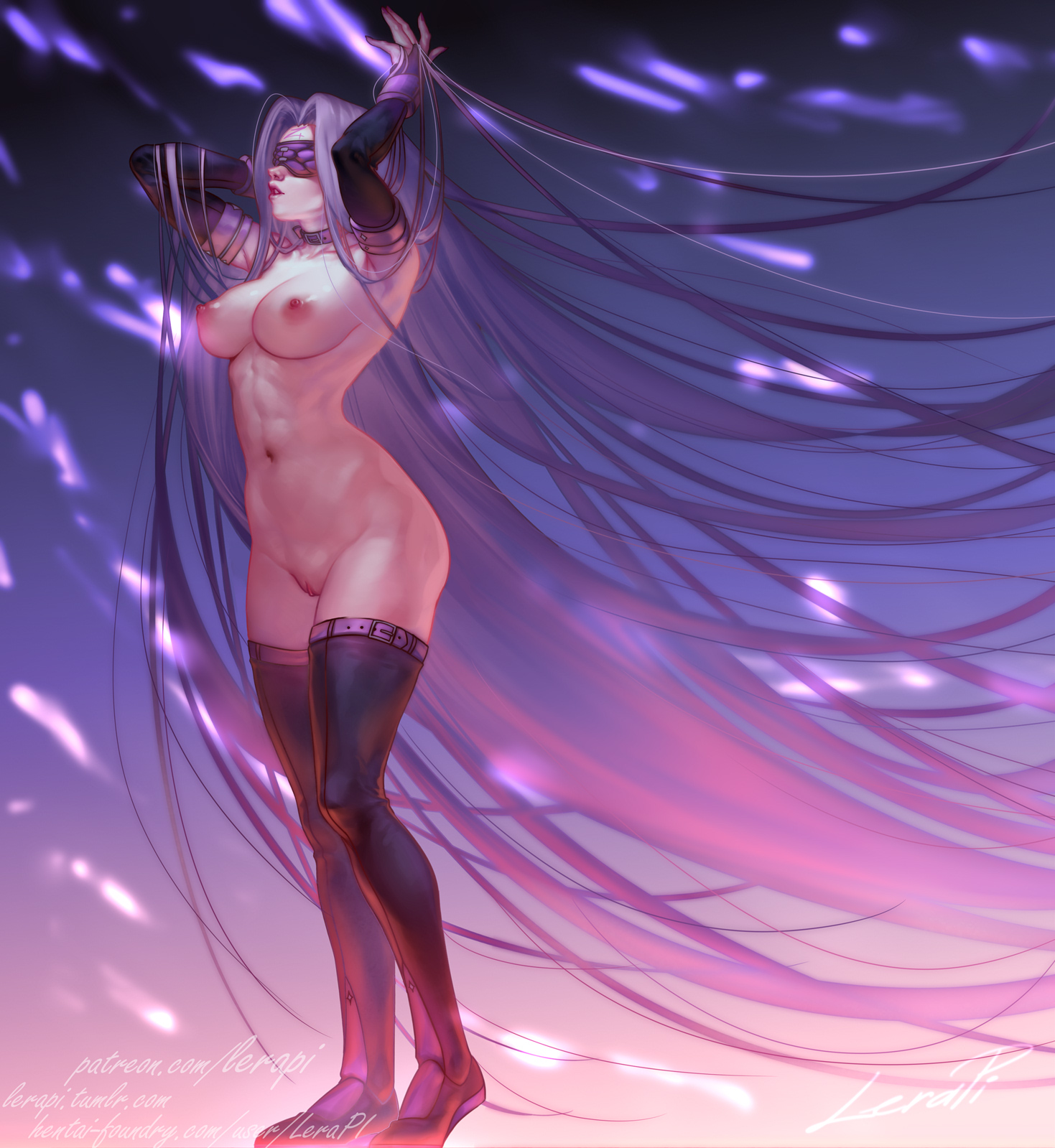 areolae, breasts, fate (series), fate/stay night, female, female only, lerapi, medusa (fate), nipples, pussy, solo, thighhighs