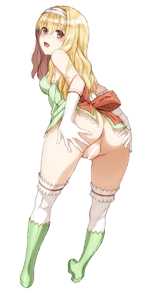 anus ass bar_censor blonde_hair blush boots bottomless censored character_request clothing elbow_gloves female gloves green_footwear hairband knee_boots long_hair looking_at_viewer mokke no_panties open_mouth shining_(series) shining_blade simple_background solo spread_ass stockings thighhighs white_background white_gloves white_legwear