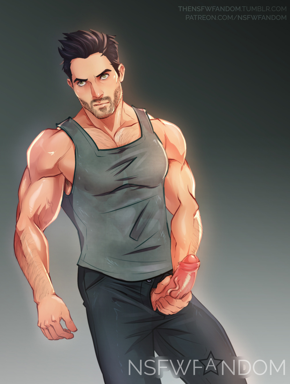 1boy clothed derek_hale erection facial_hair male male_only muscular pecs penis penis_grab penis_through_fly solo solo_male soynutts tank_top teen_wolf uncut veiny_penis