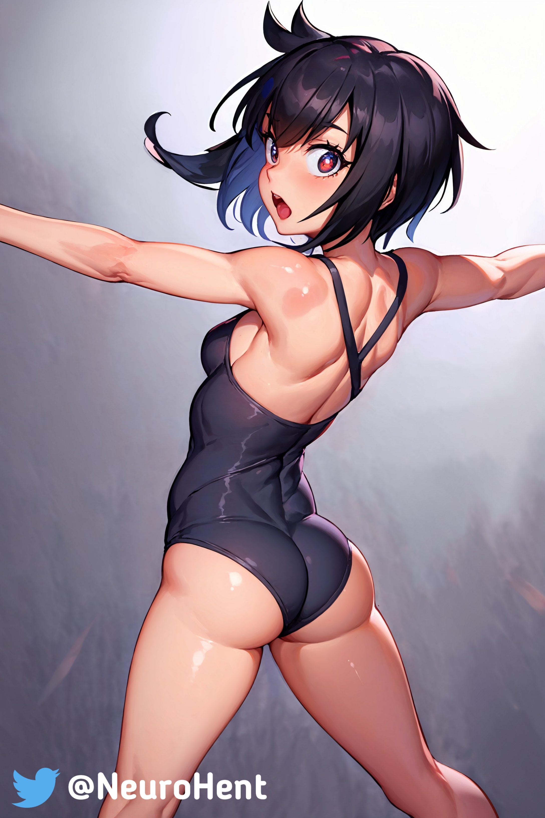 1girls, ai generated, ass, back, black hair, breasts, bubble ass, bubble butt, female, female only, legs, looking at viewer, looking back, marvel, marvel comics, medium hair, peni parker, petite, round ass, short hair, shoulders, sideboob, small breasts, solo, spider-man: across the spider-verse, spider-man: into the spider-verse, spread arms, surprised, thighs
