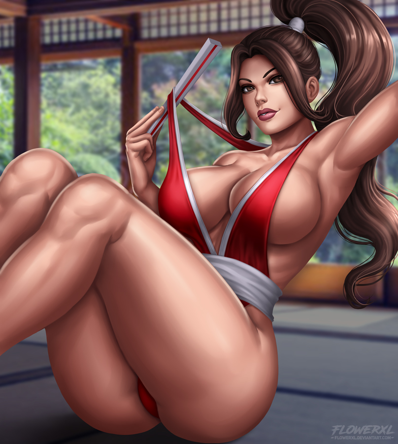 alluring, big breasts, breasts, cleavage, fatal fury, female, female only, flowerxl, king of fighters, large breasts, looking at viewer, mai shiranui, muscles, muscular, muscular female, panties, pinup, snk, solo