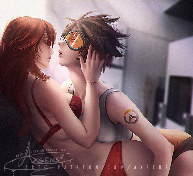 1girls, abs, axsens, blizzard entertainment, bra, bracelet, brown eyes, canon couple, emily (overwatch), eyelashes, eyeshadow, female, female only, freckles, ginger, lingerie, on bed, orange eyes, orange hair, overwatch, overwatch 2, pale skin, panties, red eyes, red hair, red lingerie, romantic, slim, tattoo, tracer, yuri