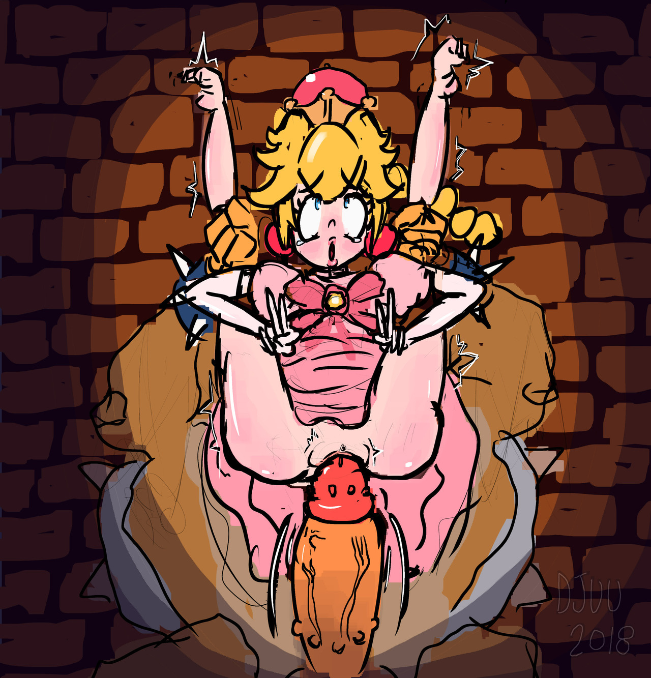 1boy, 1girls, 2018, 2d, 5 fingers, ahe gao, alternate eye color, artist signature, big eyes, blue eyes, bowser, breasts, bumpy penis, clitoris, crown, djuuicebox, double v, dress, dress lift, duo, earring, earrings, faceless male, female, female focus, gesture, hands-free, huge penis, interspecies, legs, legs behind head, legs grab, legs up, male, mario (series), neck, new super mario bros. u deluxe, nintendo, offscreen character, offscreen male, outercourse, peachette, penis, pink dress, pink hair, pussy, rape, scalie, sex, short hair, shoulder length hair, straight, super crown, text, toadette, too big, transformed, trembling, twintails, v, vaginal insertion, veins, veiny penis, watermark