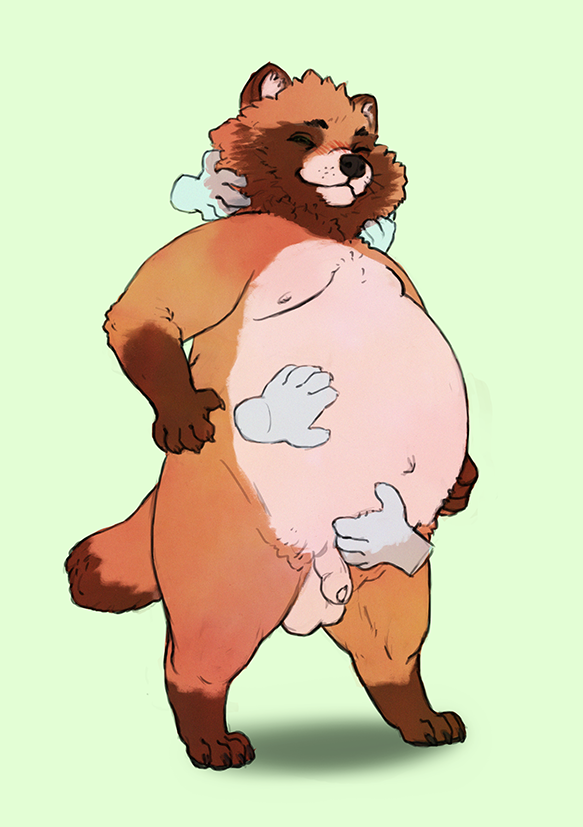 2018 anthro balls belly big_balls blush brown_fur canine chubby-shark closed_eyes floating_hands fur gloves_(marking) green_background humanoid_hands male male_only mammal markings moobs navel nipples overweight overweight_male penis simple_background socks_(marking) solo tanuki uncut