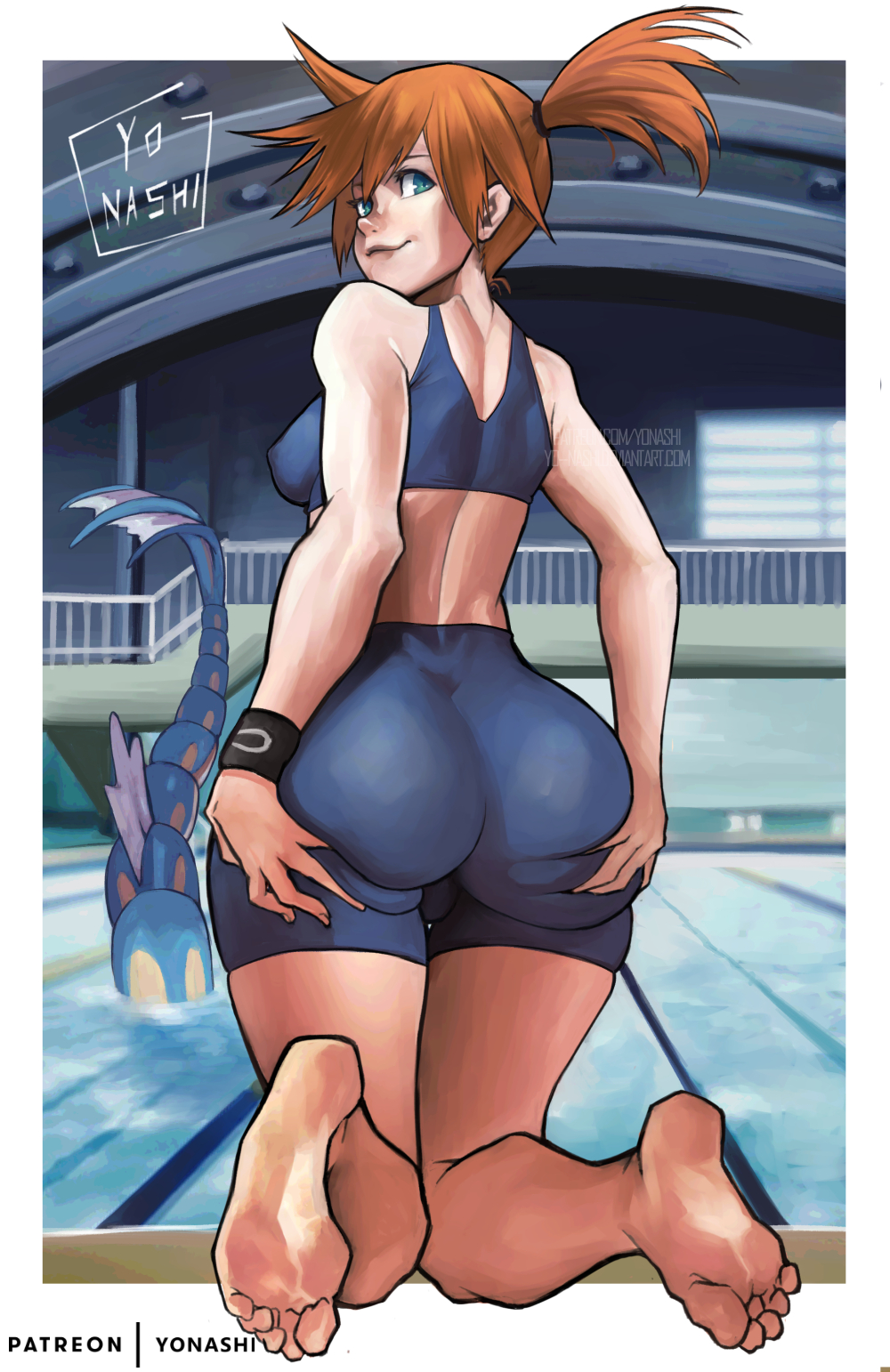 1girls ambiguous_gender ass ass_grab ass_support back bare_shoulders big_ass blue_eyes blue_skin breasts feet female hands_on_ass human human_only kasumi_(pokemon) kneeling large_ass looking_back nintendo orange_hair pokemon pokemon_rgby pool scalie short_hair side_ponytail size_difference smile soles spread_ass swimsuit text thigh_gap toes url water watermark white_background wide_hips yo-nashi