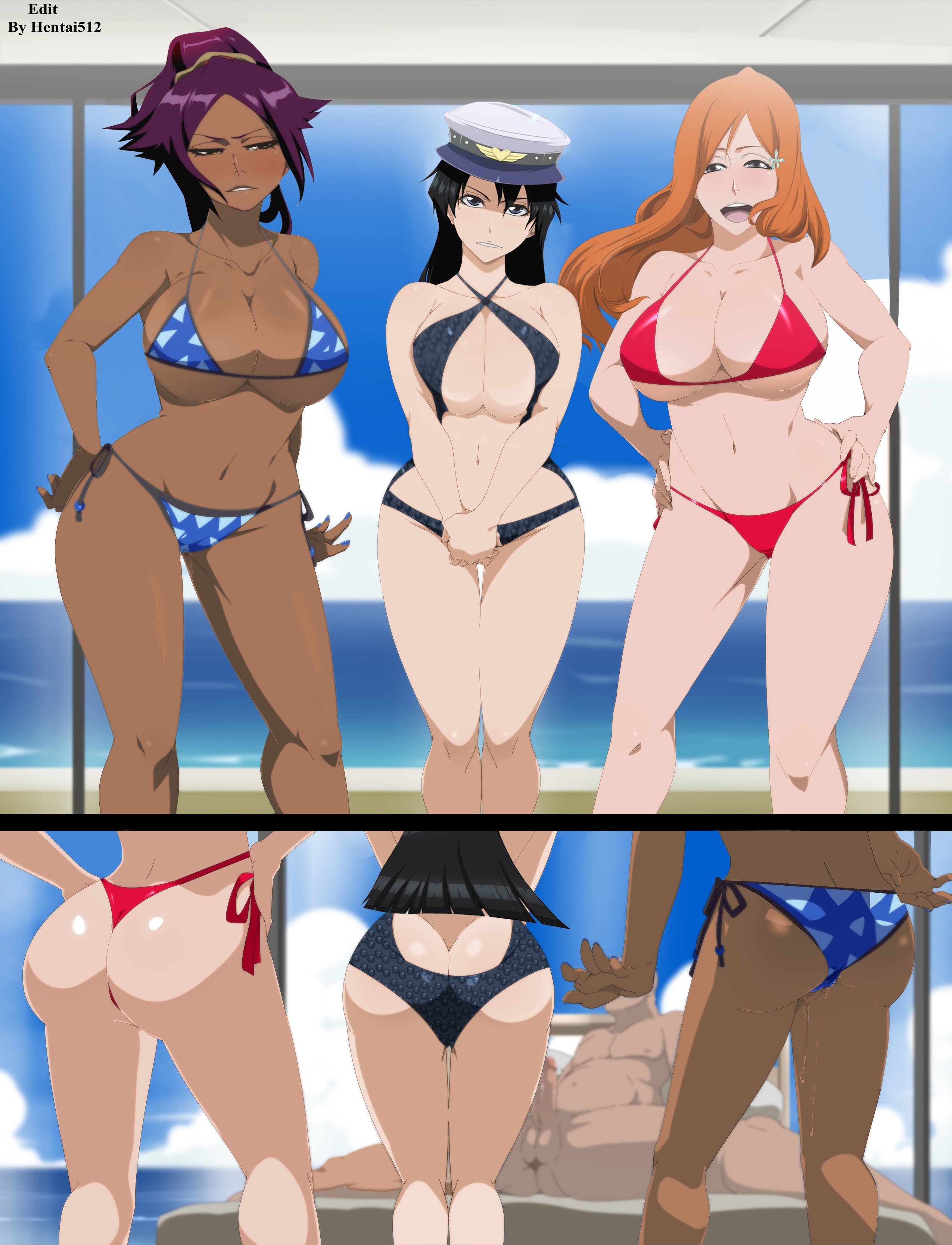 1boy, 3girls, abs, ass, ass crack, bambietta basterbine, beach, big ass, big breasts, bikini, black hair, bleach, bleach: the thousand-year blood war, breast squeeze, breasts, butt crack, dark skin, dark-skinned female, edit, faceless male, female, hentai512, inoue orihime, lexus (artist), male, orange hair, orange-haired female, penis, purple hair, purple-haired female, pussy, pussy juice, shihouin yoruichi, third-party edit