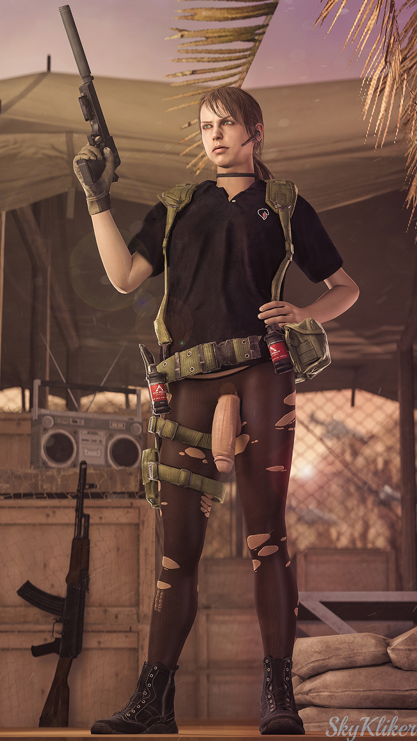 1futa, 3d, balls, breasts, crotchless, flaccid, futa only, futa sans pussy, futanari, gun, intersex, metal gear solid, metal gear solid v, penis, penis out, quiet (metal gear), skykliker, small breasts, solo, solo futa, source filmmaker