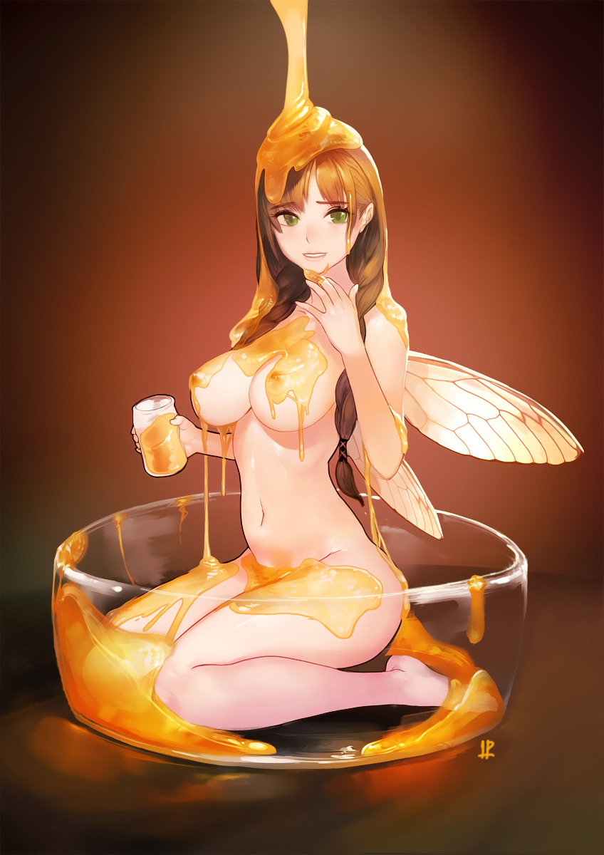1girls, artist request, bee girl, female, green eyes, honey, insect girl, insect wings, nipples, nude, nude female, solo, solo female, wariza, wings