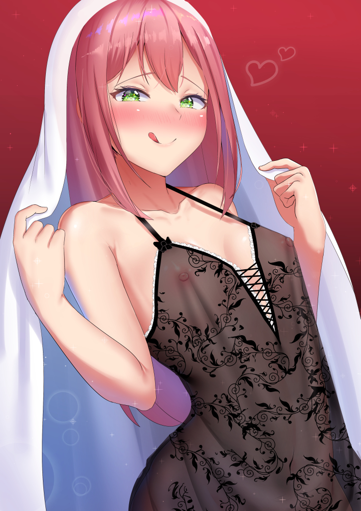 bangs, bare shoulders, blanket, blush, breasts, closed mouth, collarbone, commentary request, covered navel, covered nipples, dearonnus, female, gradient, gradient background, green eyes, heart, hips, licking lips, lingerie, long hair, looking at viewer, negligee, original, pink hair, red background, shiny, shiny hair, small breasts, smile, solo, tongue, tongue out, underwear, waist