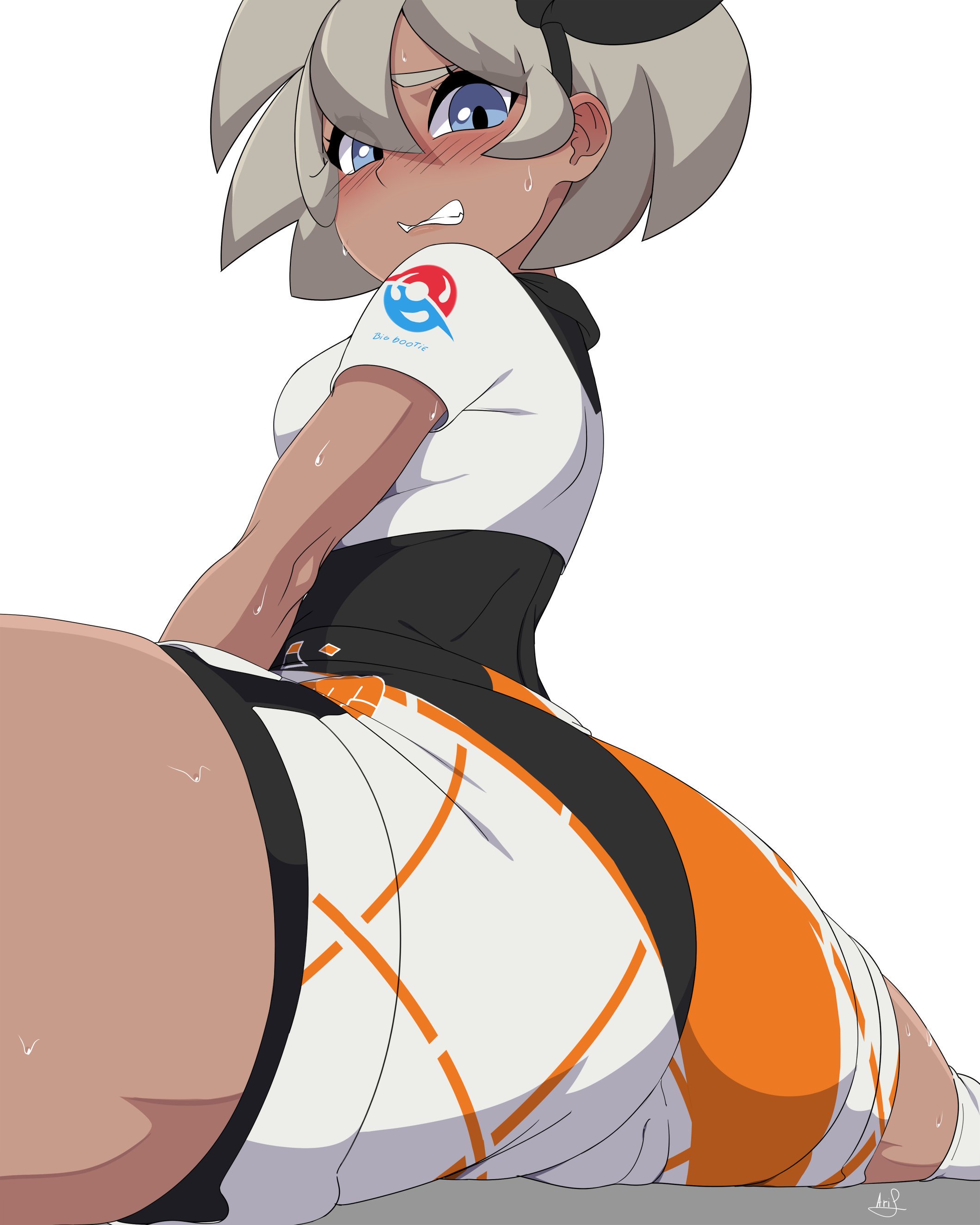 1girls, ariel lopez, arilopez550, ass, bea (pokemon), big ass, blush, bodysuit, breasts, clenched teeth, clothed, dark skin, dark-skinned female, embarrassed, female, flexible, grey hair, half-closed eyes, human, looking at viewer, looking back, nintendo, pokemon, pokemon ss, shirt, short hair, shorts, sitting, solo, splits, sweat, tanned, teeth, text, thick thighs, watermark, white background, wide hips, wince