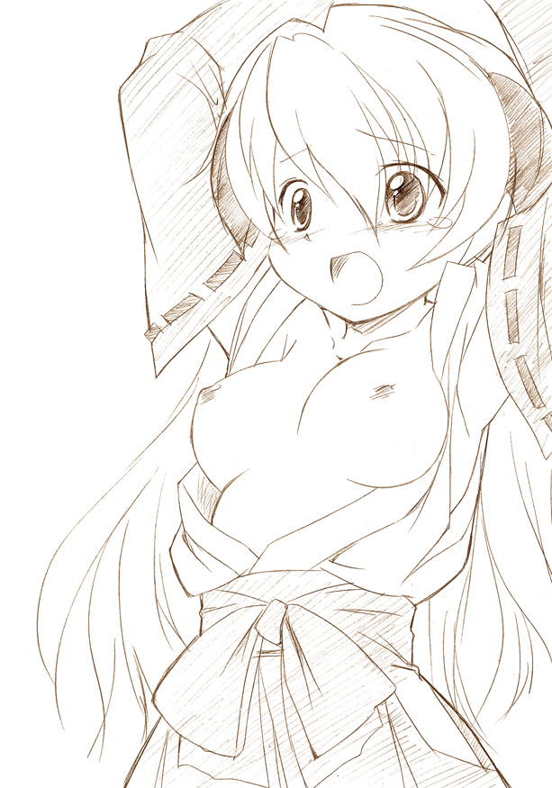 07th_expansion breasts hanyuu higurashi_no_naku_koro_ni japanese_clothes miko monochrome nipples no_bra open_clothes open_shirt pointy_chin sawatari_jinshi shirt sketch traditional_media