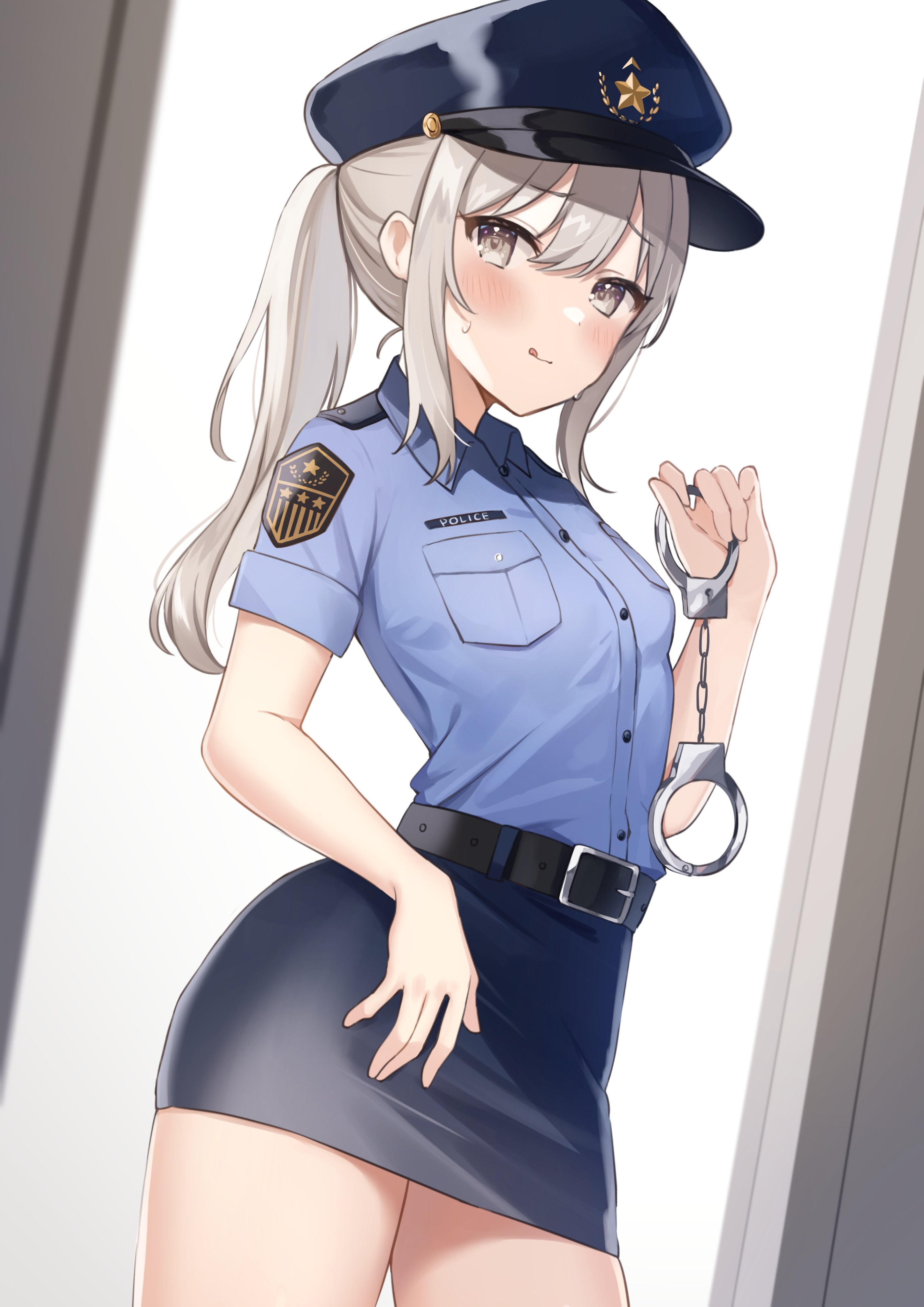 1girls, blush, breasts, female, fully clothed, green hair, handcuffs, hi res, hips, licking lips, looking at viewer, naughty face, okiq, original, original character, pencil skirt, petite, police, police officer, police uniform, policewoman, ponytail, skirt, small breasts, tongue, tongue out