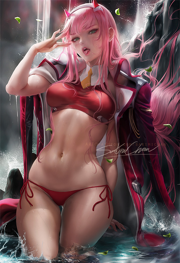 1girls, bikini, breasts, cleavage, darling in the franxx, female, horns, looking at viewer, medium breasts, pink hair, sakimichan, solo, zero two (darling in the franxx)
