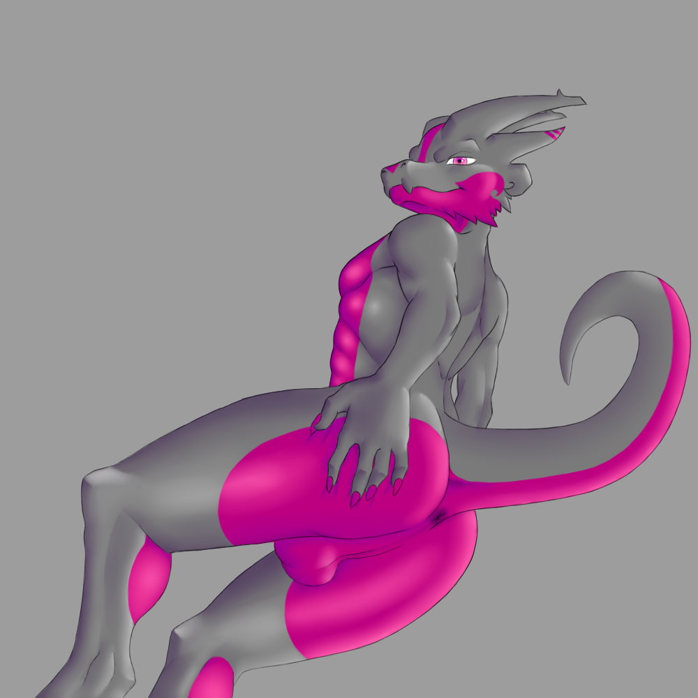 anthro anus ass backsack balls dragon grey_background hand_on_butt horn looking_at_viewer looking_back lugen_kobold male nude raised_tail scalie simple_background solo tagme thick_thighs