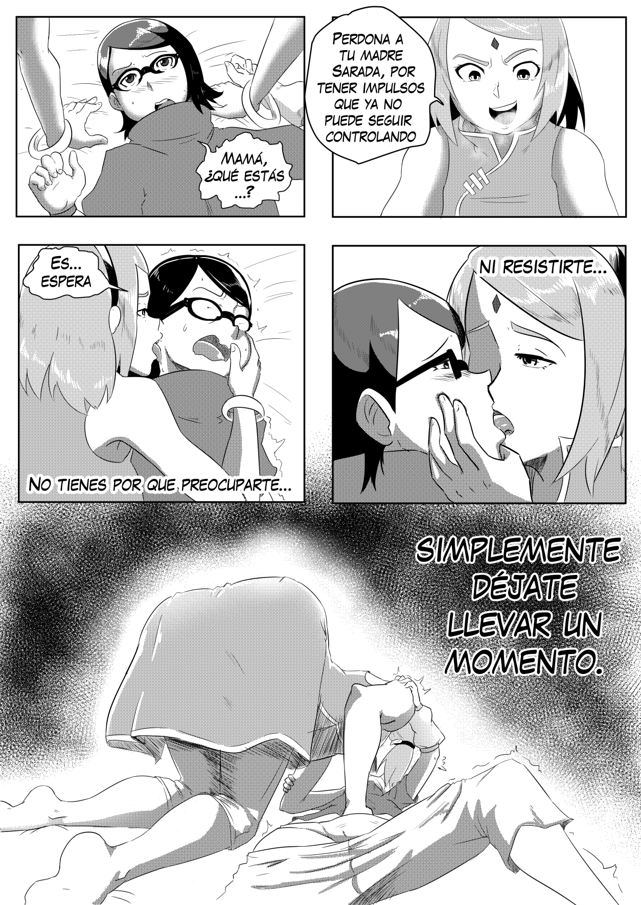 2girls, age difference, ass, bent over, blush, boruto: naruto next generations, comic, doujin, doujinshi, feet up, female, female only, forehead jewel, glasses, incest, kissing, milf, monochrome, mother and daughter, naruto, sakura haruno, sarada uchiha, sex, soles, spanish text, tongue, tongue out, ukato studios, yuri