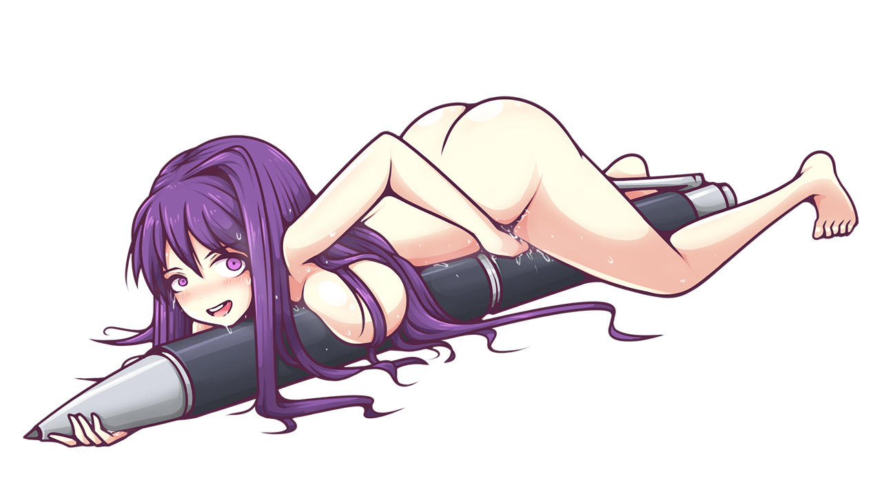 1girls, 5 toes, ass, big breasts, breast press, breasts, completely nude, crazy eyes, cum, doki doki literature club, female, female only, full body, inksgirls, large breasts, long hair, looking at viewer, lying on stomach, masturbation, micro, micro female, naked, naked female, naughty face, nude, nude female, on top, pen, purple eyes, purple hair, pussy, pussy juice, shrunken female, solo, solo female, sweat, toes, top-down bottom-up, white background, yuri (doki doki literature club)