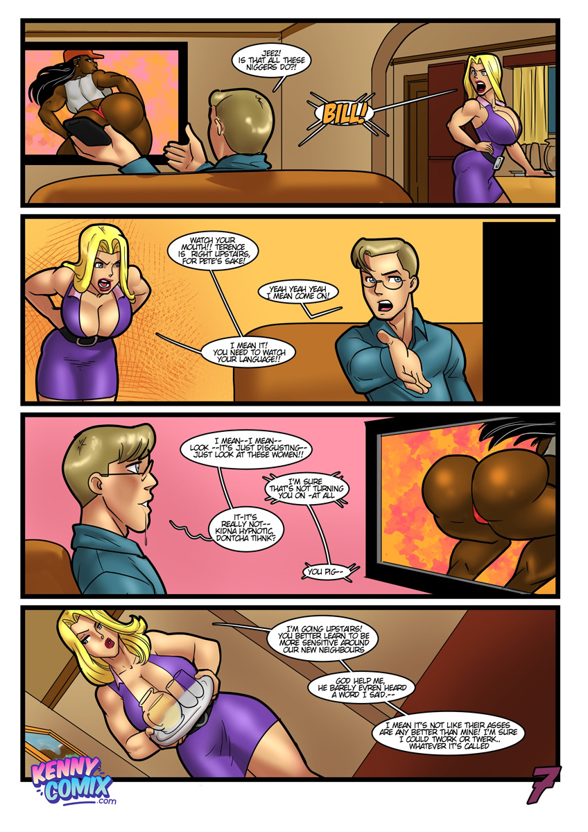 bill_patterson blonde_hair cleavage comic dark-skinned_female dark_skin english_text female fit_female hypocrite kennycomix large_breasts light-skinned_female light-skinned_male male meet_the_neighbors meet_the_neighbors_(comic) page_7 pam_patterson purple_dress rabies-t-lagomorph racist racist_man text the_n_word thong