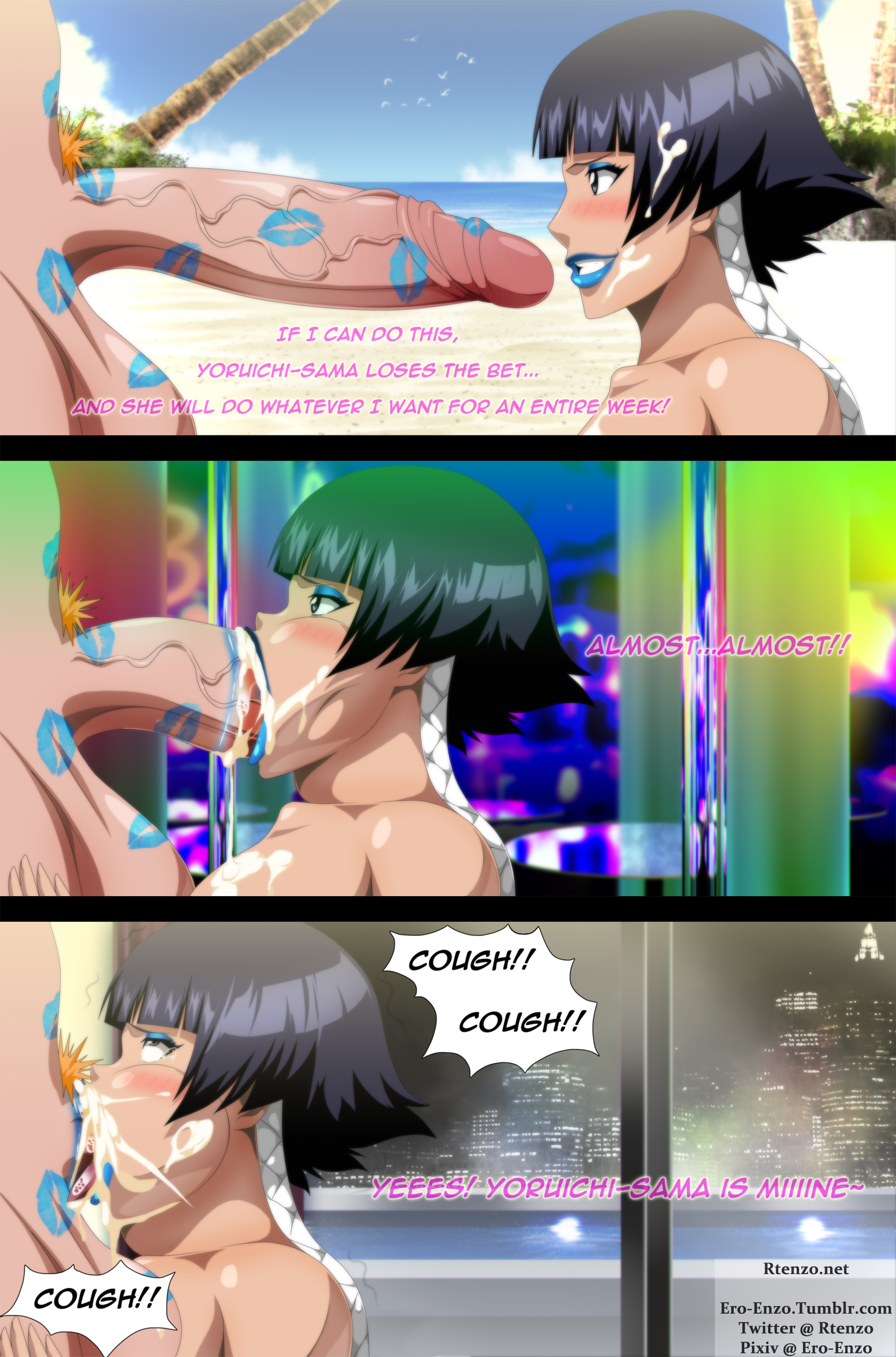 :>=, 1boy, 1girls, big penis, bimbo, bleach, blowjob, blush, cheek bulge, cum, cum in mouth, cum inside, deepthroat, dialogue, dirty, english text, ero-enzo, eye contact, eye roll, eyeshadow, fellatio, female, gagging, genitals, huge cock, ichigo kurosaki, it'll never fit, just the tip, kurosaki ichigo, lipstick, lipstick mark, lipstick on penis, makeup, male, mouth full, mouthful, neck bulge, oral, oral penetration, penis, penis in mouth, rolling eyes, saliva, saliva trail, side view, soifon, straight, struggling, struggling to fit, submissive, sui-feng, thick penis, throat bulge, throat penetration, tongue, tongue out, tongue out blowjob, vein, voluptuous