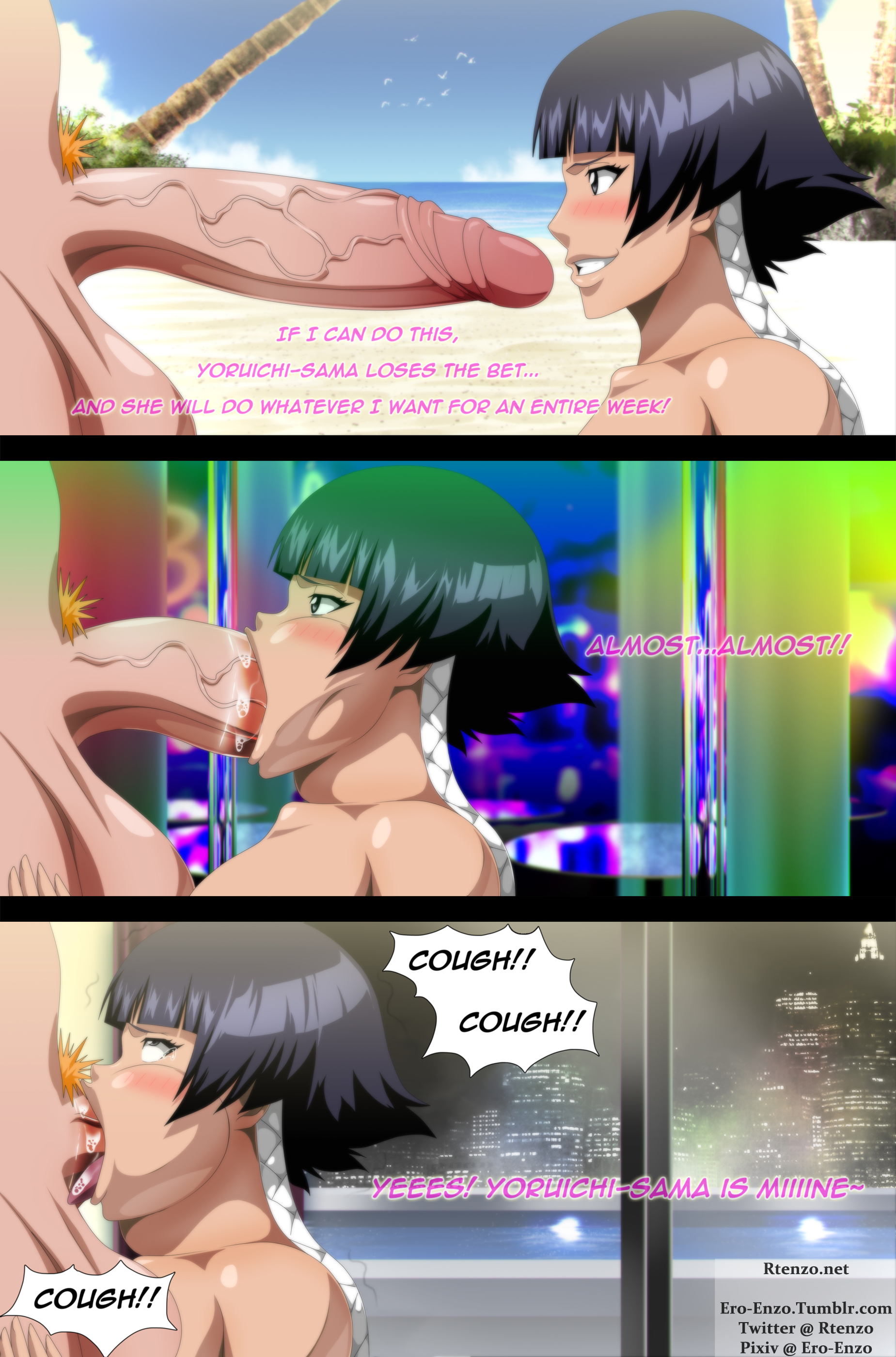 :>=, 1boy, big penis, bleach, blush, cheek bulge, deepthroat, english text, ero-enzo, eye contact, eye roll, fellatio, female, gagging, huge cock, ichigo kurosaki, it'll never fit, just the tip, kurosaki ichigo, male, mouth full, mouthful, neck bulge, penis, rolling eyes, saliva, saliva trail, side view, soifon, straight, submissive, sui-feng, thick penis, throat bulge, vein