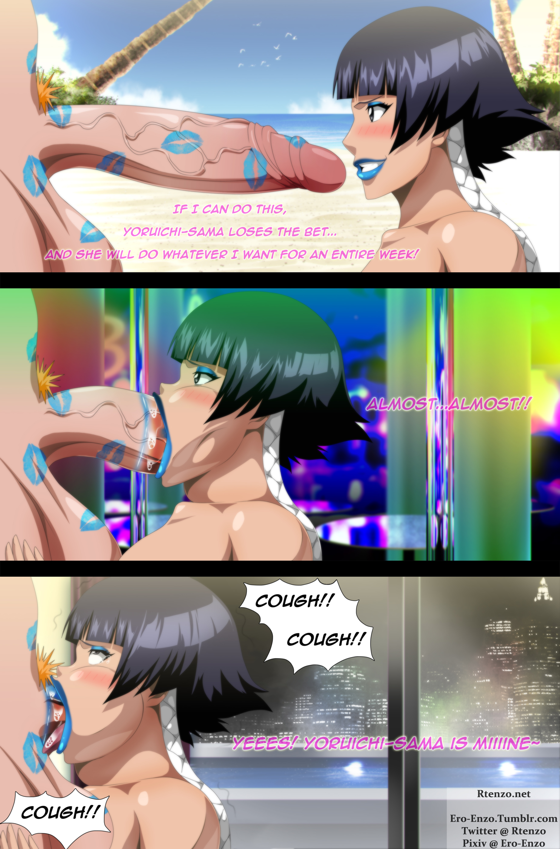 1boy, 1girls, big penis, bimbo, bleach, blowjob, blush, cheek bulge, deepthroat, dialogue, dirty, english text, ero-enzo, eye contact, eye roll, eyeshadow, fellatio, female, gagging, genitals, huge cock, ichigo kurosaki, it'll never fit, just the tip, kurosaki ichigo, lipstick, lipstick mark, lipstick on penis, makeup, male, mouth full, mouthful, neck bulge, oral, oral penetration, penis, penis in mouth, rolling eyes, saliva, saliva trail, side view, soifon, straight, struggling, struggling to fit, submissive, sui-feng, thick penis, throat bulge, throat penetration, tongue, tongue out, tongue out blowjob, vein