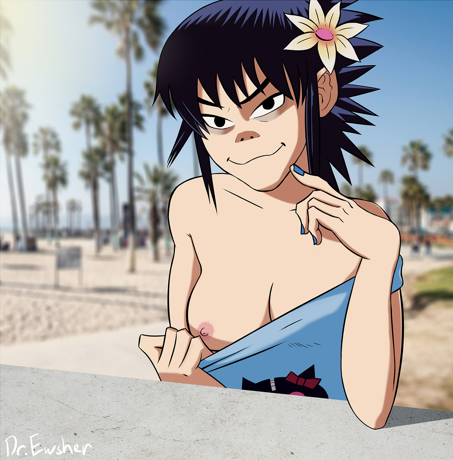 1girls, asian, breasts, drewsher, exhibitionism, exposed breasts, female, gorillaz, noodle (gorillaz), noodle (humility), tagme