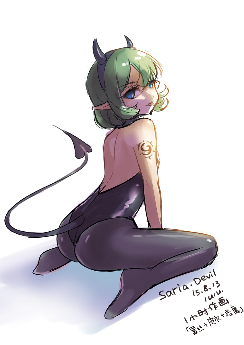 1girls, blue eyes, bodysuit, breasts, clothing, demon, demon girl, female, female only, green hair, hairband, kokiri, leotard, ocarina of time, pointy ears, saria, short hair, small breasts, solo, spade tail, tattoo, the legend of zelda, white background