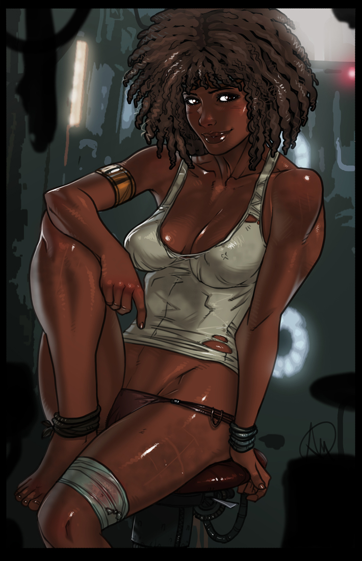 afro, anklet, armband, athletic, bandage, beyond good and evil, beyond good and evil 2, breasts, dark skin, dark-skinned female, dirty, female, ganassa, headband, looking at viewer, muscles, partial nudity, partially clothed, partially nude, pose, scar, scars, shiny, sitting, smile, tank top, thong, torn clothes, ubisoft, waist, wristband, yaashan (beyond good and evil)