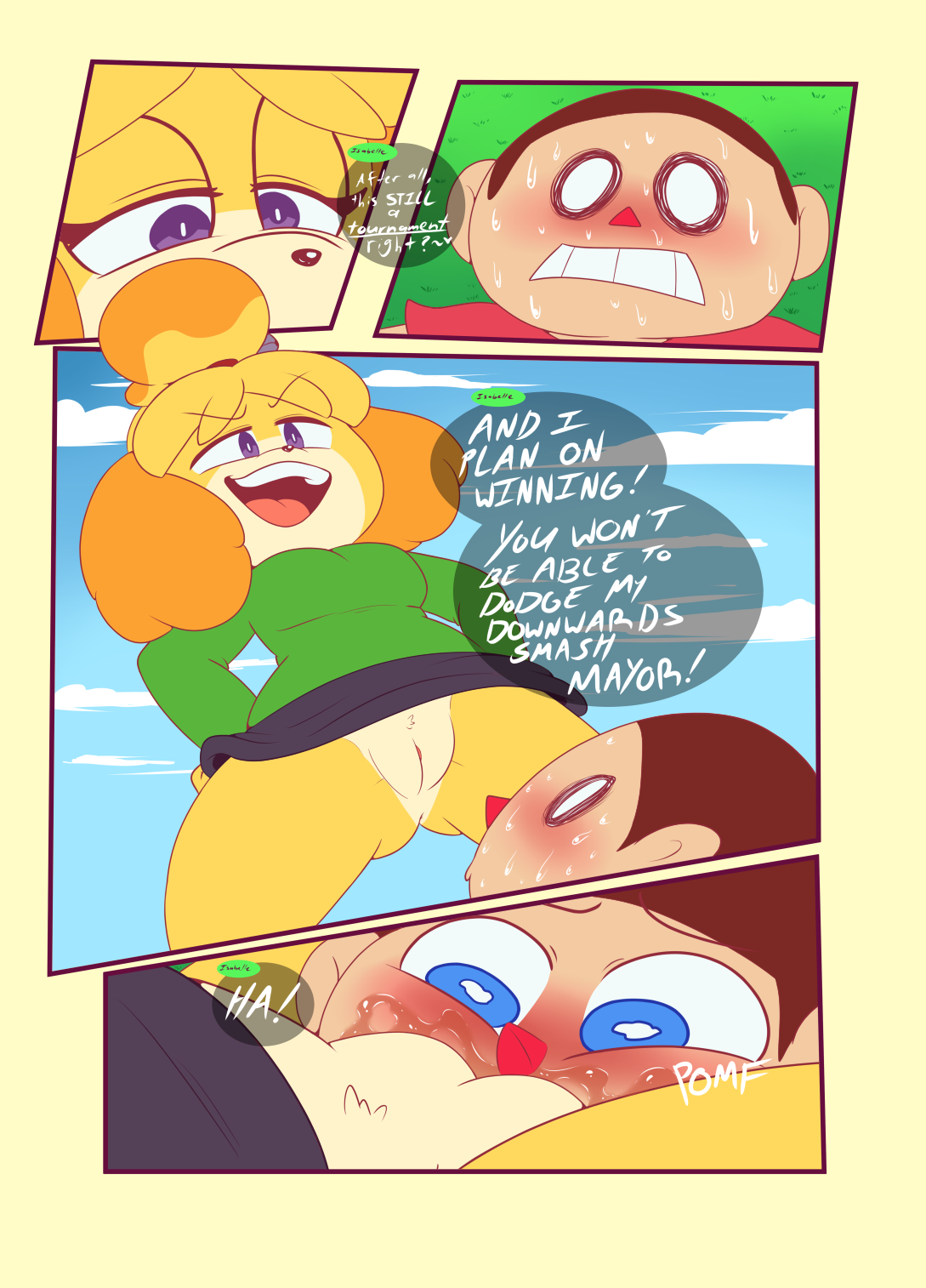 animal crossing, anthro, blush, clothed, clothing, comic, cunnilingus, duo, english text, facesitting, female, femdom, fur, hair, human, isabelle (animal crossing), male, mammal, midnight-kinky-kitsune, nintendo, pussy, rape, speech bubble, straight, super smash bros., sweat, text, video games, villager (animal crossing)
