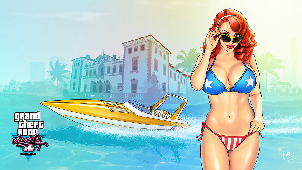 1boy 1girls adjusting_eyewear adjusting_glasses adjusting_sunglasses american_flag american_flag_bikini blue_eyes boat breasts buildings candy_suxxx cleavage female grand_theft_auto grand_theft_auto:_vice_city hand_on_glasses looking_at_viewer looking_over_eyewear looking_over_glasses looking_over_sunglasses medium_breasts orange_hair palm_trees red_lips redfill rockstar_games smiling standing sunglasses tinted_eyewear water yellow_boat