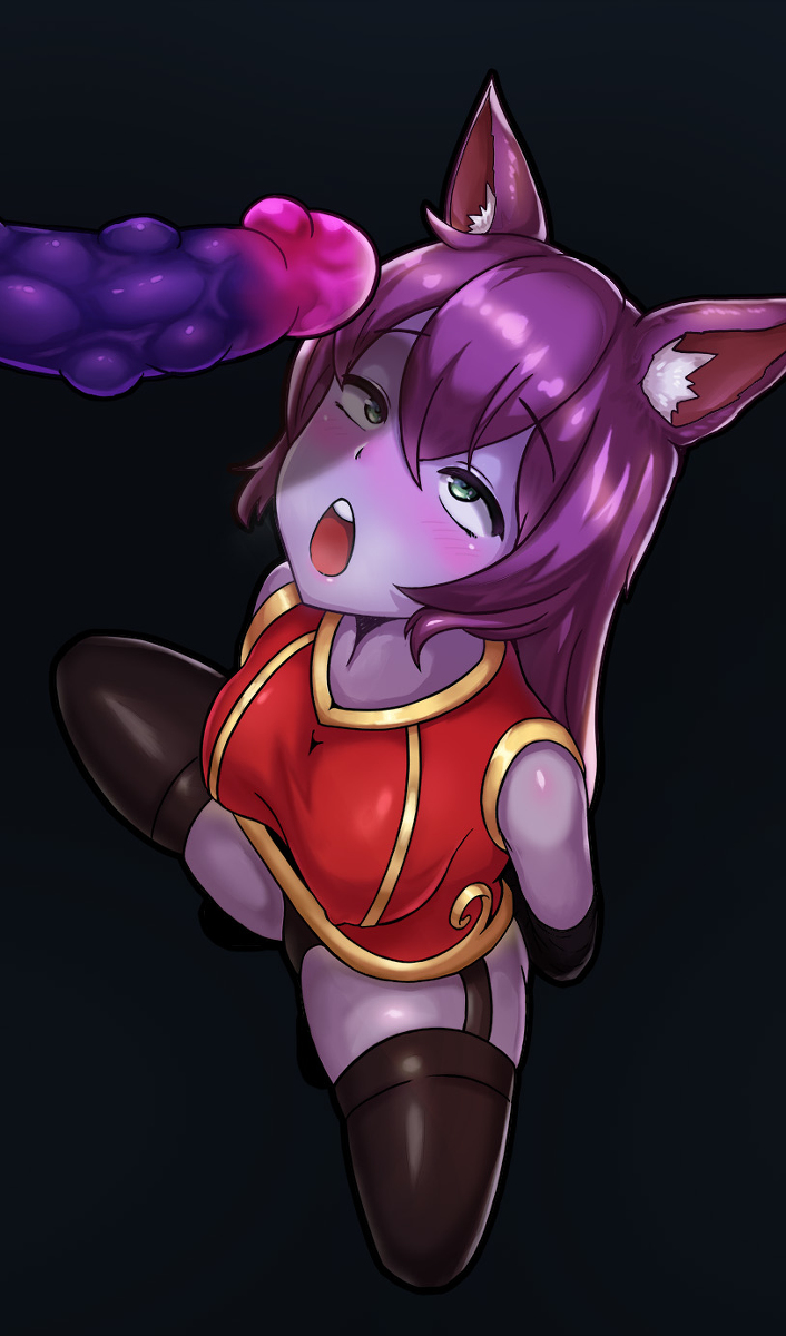 animal ears, blush, dress, female, green eyes, grow minion, league of legends, lulu the fae sorceress, male, open mouth, penis, purple hair, purple skin, red dress, riot games, stocking, yordle