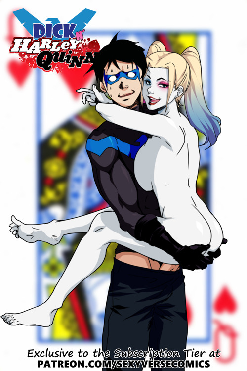 1boy, 1girls, arms behind head, ass, ass grab, aya yanagisawa, background, barefoot, batman (series), black hair, blonde hair, blue eyes, blue eyeshadow, blue hair, breasts, clothed, clothed male, clothed male nude female, cover, dc, dc comics, dick grayson, domino mask, eyeshadow, female, harley quinn, looking at viewer, makeup, male, mask, muscular, muscular male, naked, nervous, nervous smile, nightwing, nude, nude female, older female, older female and younger male, pants down, patreon, penis, pink eyeshadow, playing card, sexyversecomics, smile, straight, sweat, toes, twintails, watermark, white eyes, white skin, younger male, younger penetrating older