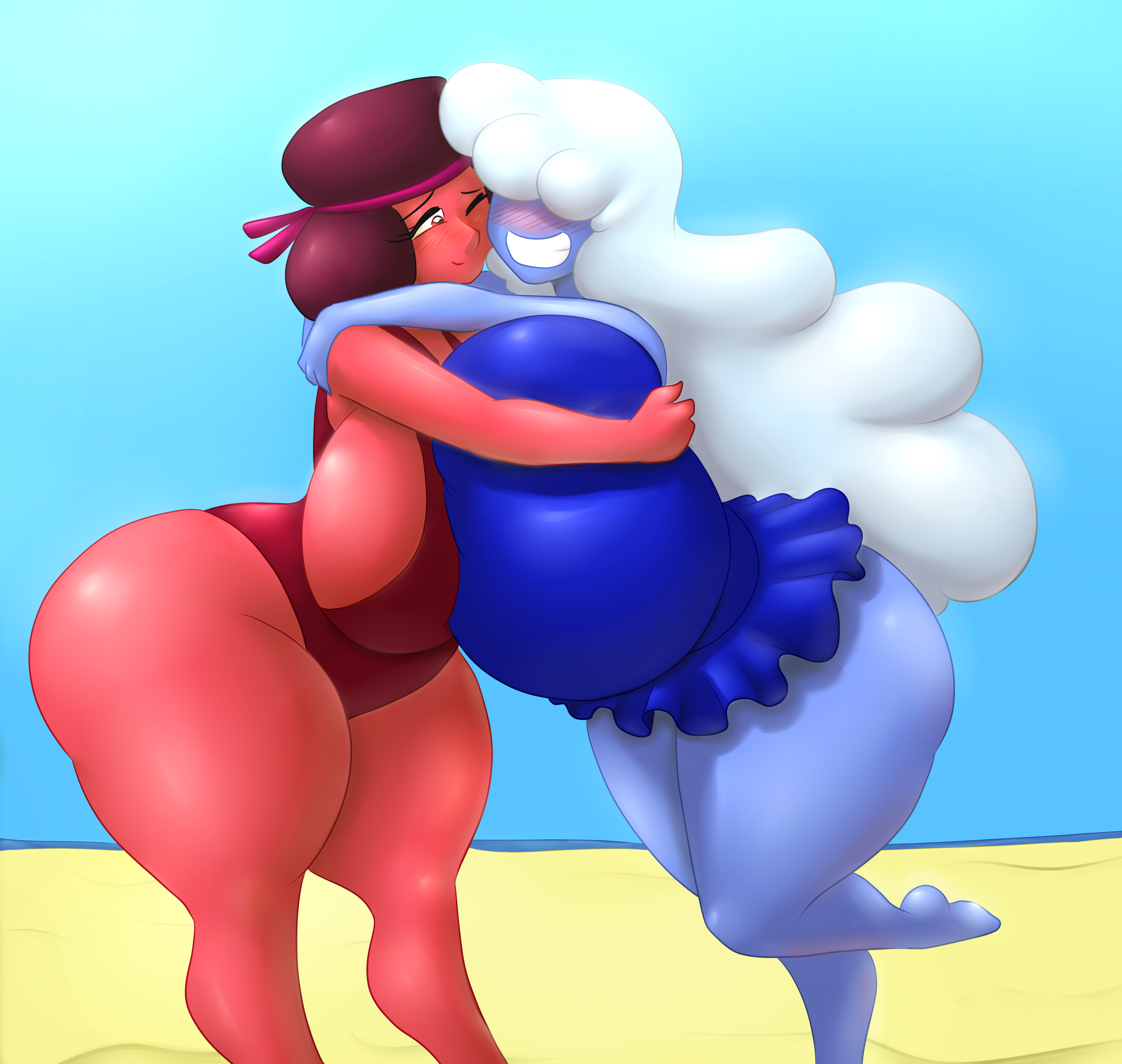 ass, beach, breasts, cartoon network, female, huge ass, huge breasts, hugging, hyperstorm h, marauder6272, ruby (steven universe), sapphire (steven universe), steven universe, swimsuit, symmetrical docking, wide hips