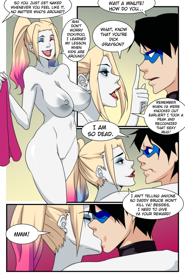 1boy 1girls areolae aya_yanagisawa batman_(series) black_hair black_nipples blonde_hair blue_eyes blue_eyeshadow blue_hair breasts closed_eyes clothed_male comic dc dc_comics dialogue dick_grayson eyeshadow female harley_quinn kissing makeup male muscular_male nervous nightwing nipples nude nude_female pink_eyeshadow pink_hair pussy seductive sexyversecomics shaved_pussy straight text twintails white_eyes white_skin