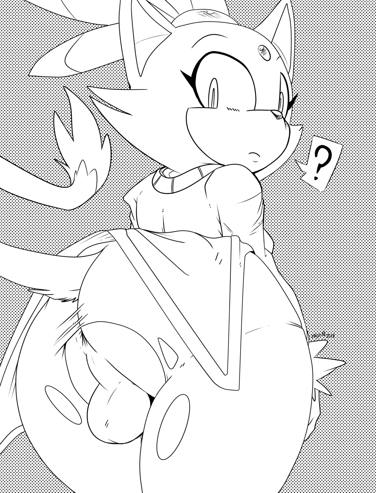 1futa, anthro, anus, ass, balls, blaze the cat, furry, futanari, intersex, kayla-na, looking back, monochrome, penis, sega, solo futa, sonic (series), sonic the hedgehog (series), tail, torn clothes, torn pantyhose