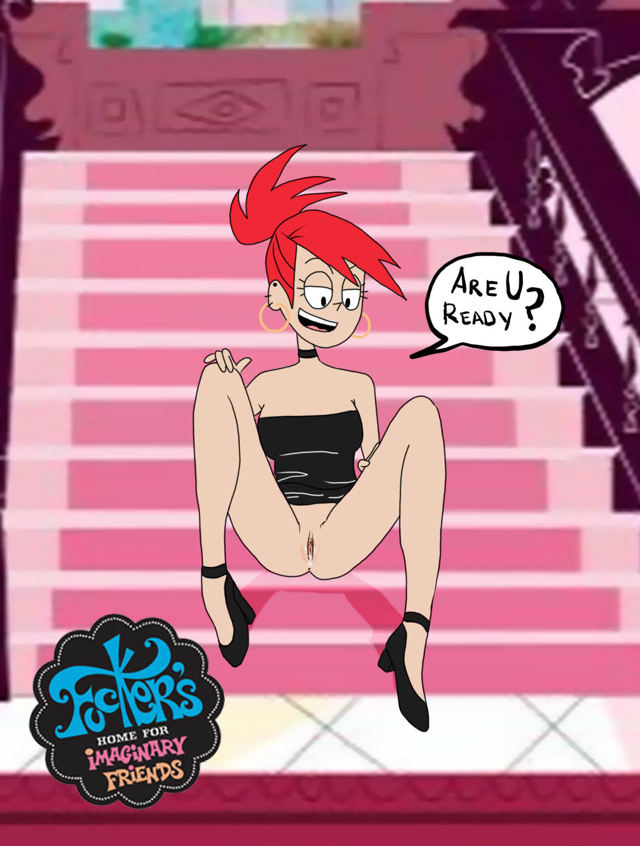 artist request, cartoon network, cum, cum in pussy, dress, dress lift, english text, female, foster's home for imaginary friends, frankie foster, frankie foster (black dress), high heels, horny, inviting, no panties, pussy, speech bubble, spread legs, teenager, text